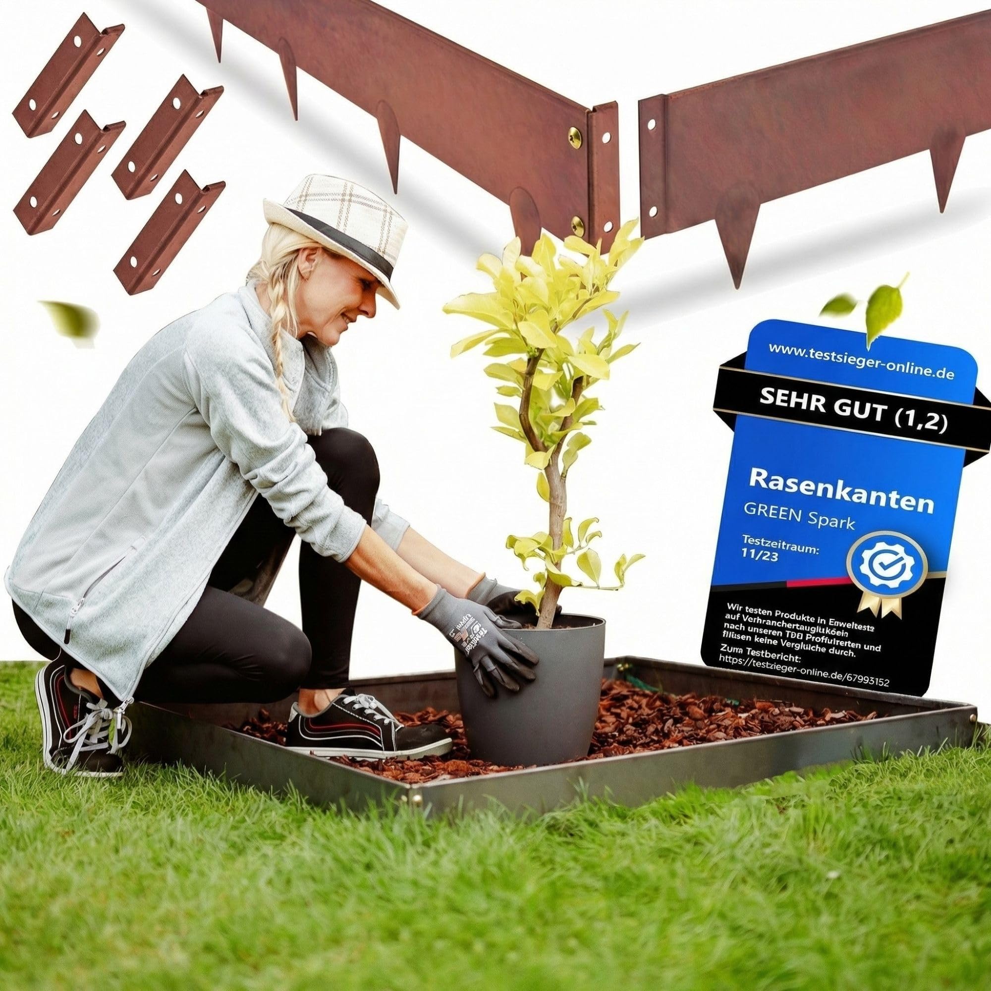 GREEN Spark® Cortenstahl Rasenkante [Schneckenabweisend] mit Berührschutz | 10x 1m, 1,5mm dick | zur Garten- und Beetgestaltung | Beeteinfassung Metall Cortenstahl Beeteinfassung Rasenkante Metall