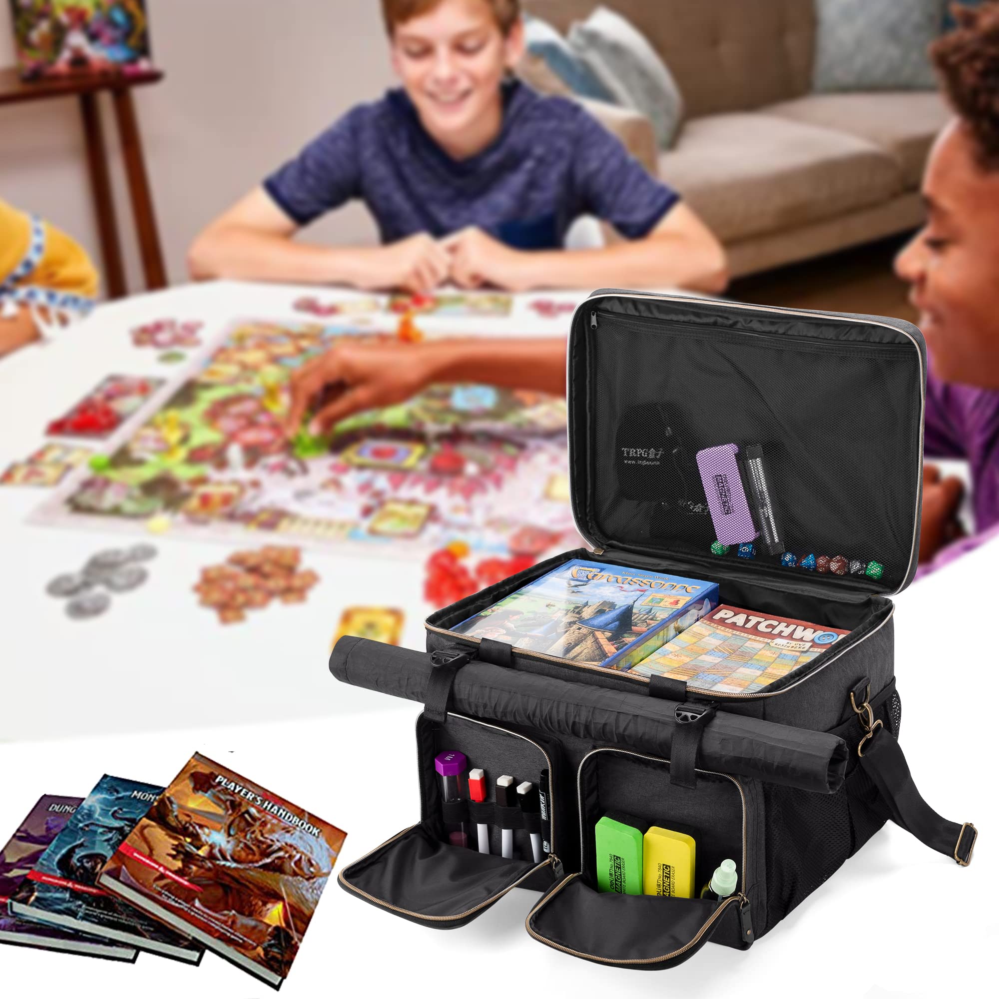 Trunab Bolso Juego de Mesa, Porta de juegos de Mesa, Bolsa de Viaje Compatible con La Mayoría de Los Juegos de Mesa, con Asa, Correa para el Hombro, 2 Clips para Enrollar Tarjetas, Prácticos Bolsillos