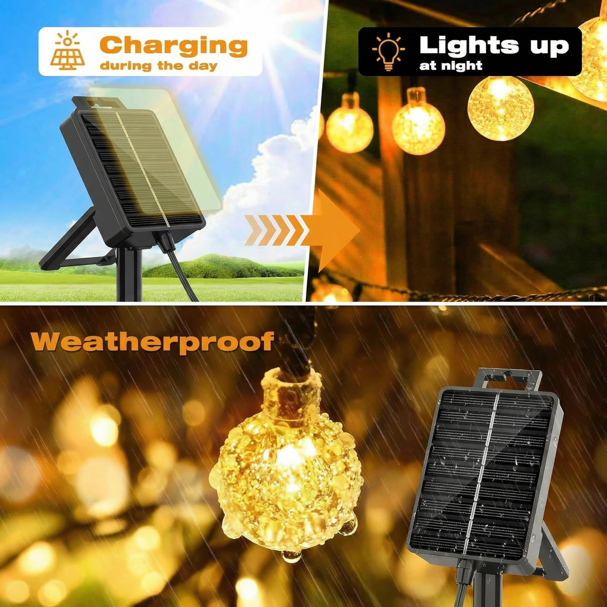 BG9D Guirlande lumineuse solaire d'extérieur, 8m 40 LED boules de cristal, 8 modes, fonction mémoire, étanche IP65, pour jardin, terrasse, balcon, mariage, blanc chaud - 5