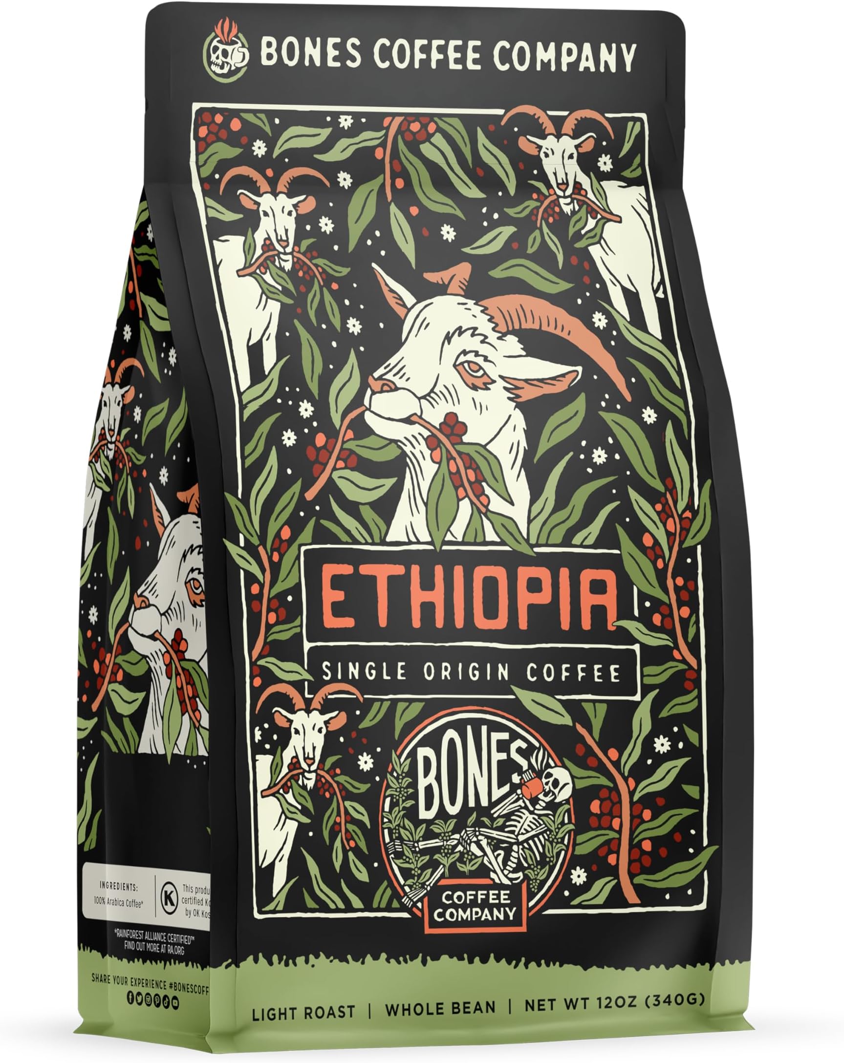 Ethiopia Single-Origin, Citrus, Floral and Berries Notes, Whole Coffee Beans, Low Acid Medium Roast Arabica Beans Flavored Coffee, 12 oz Whole Bean