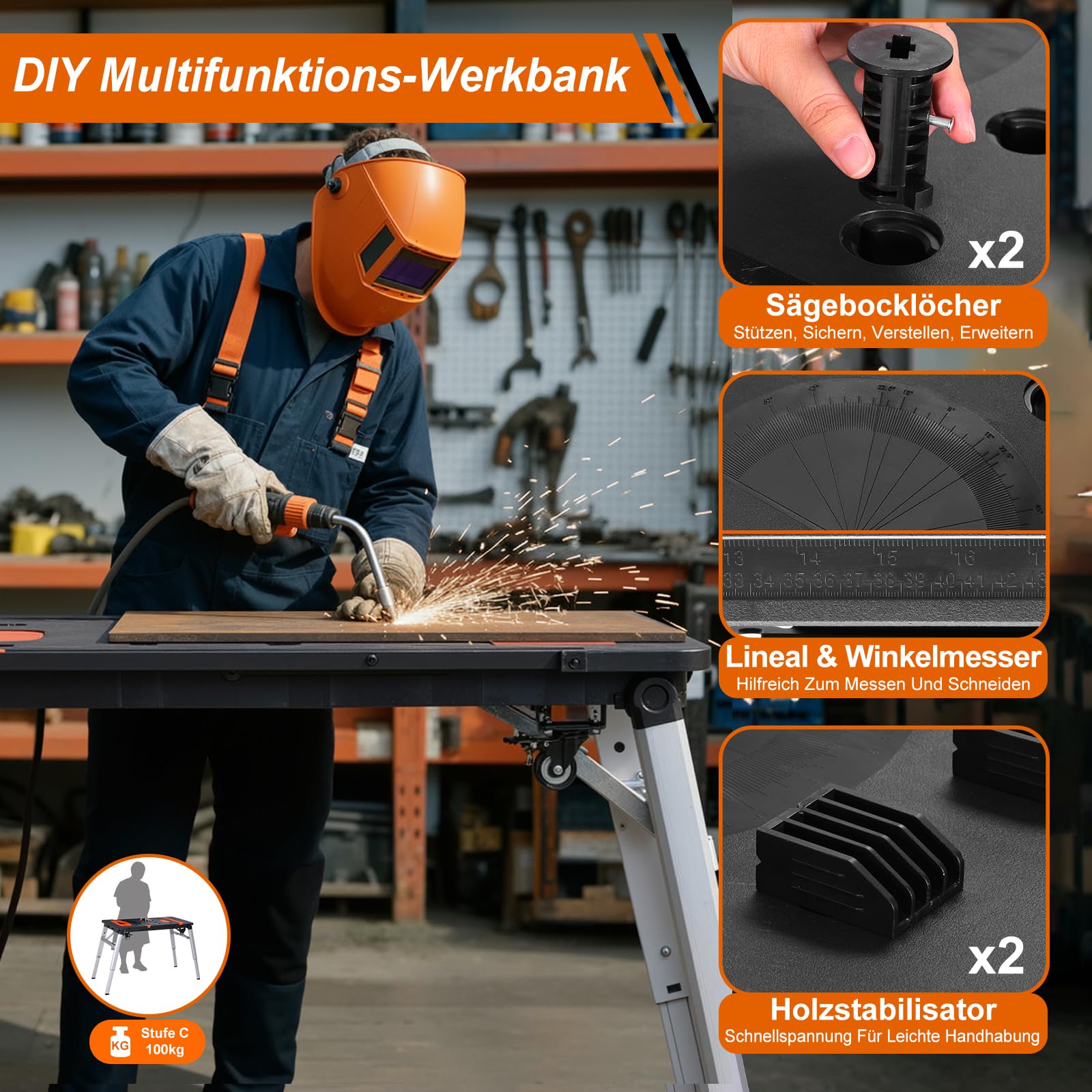 TLGREEN 7 in1 Klappbare Werkbank höhenverstellbar,Tragbare Werkbank Mobil,Arbeitstisch Klappbar,100-200kg Tragkraft,Multifunktionstisch mit 4 pcs Rollen,Werktisch Spanntisch für Werkstatt,Haus,Büro