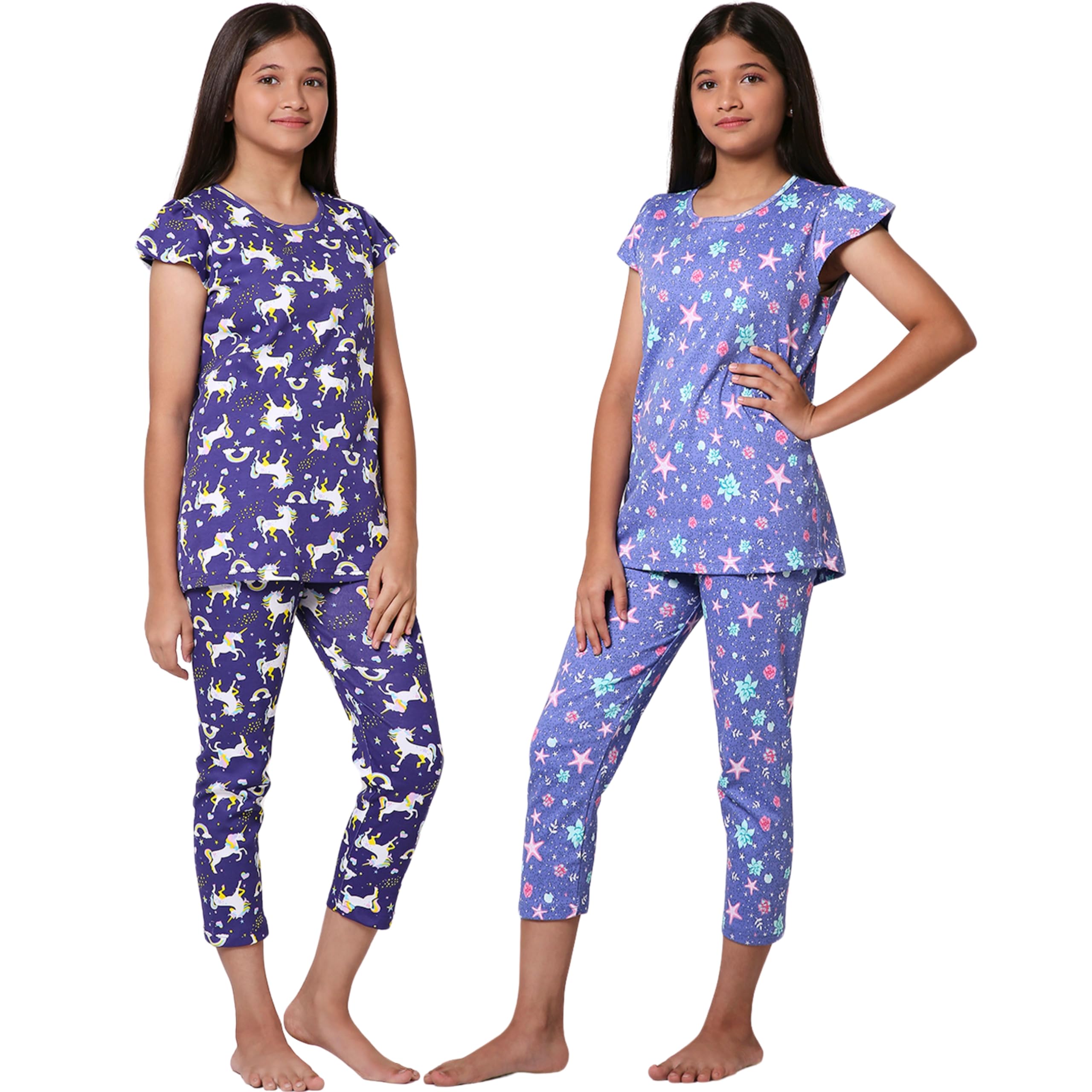 TotzTouch Girls Night Dress | Pajama Set | T-Shirt and Capris 3/4th Pant Pink,Purple, White, Violet, Blue Printed (Age 3 to 15 Years)