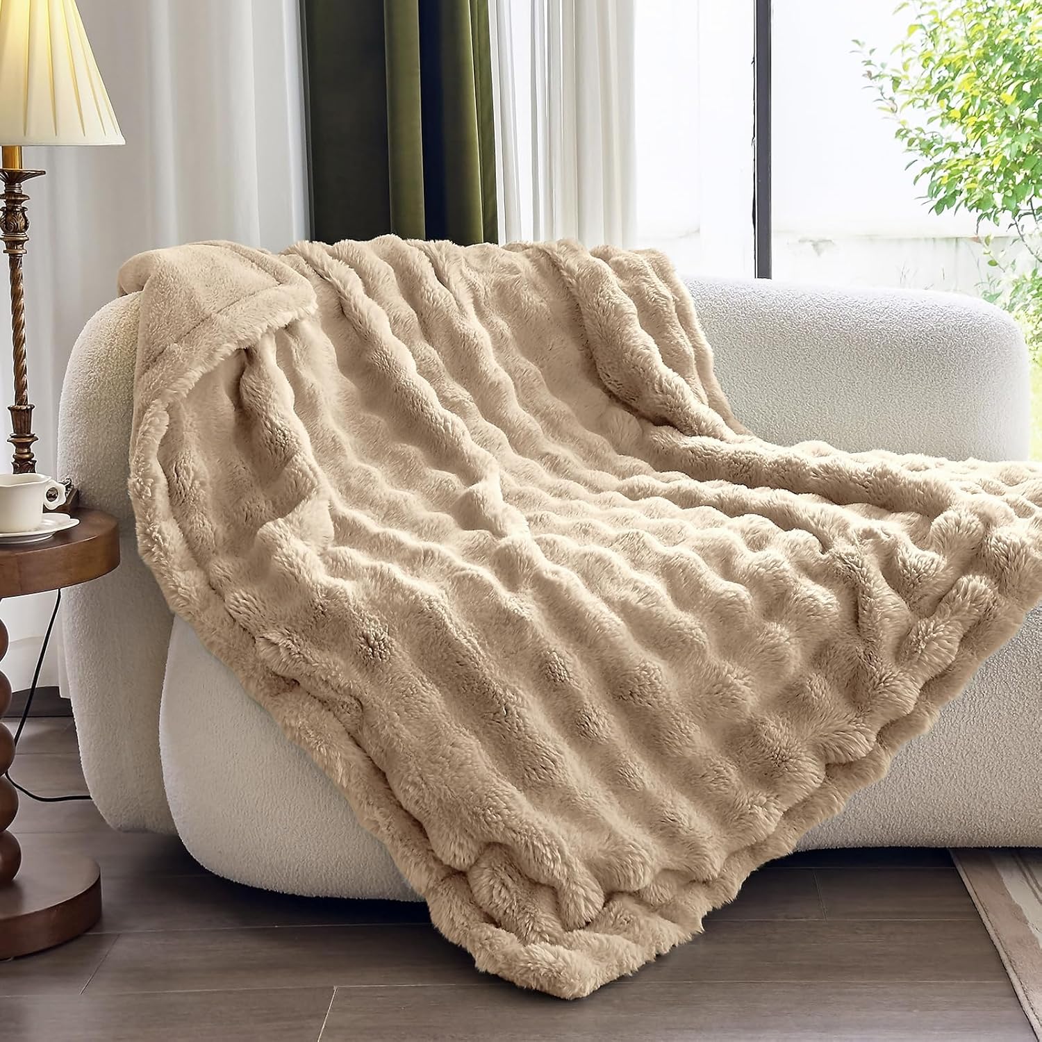 Faux Fur Light Camel Throw Blacket for Couch - Super Soft Heavy Flufyy Thick Bubble Throw Blankets for Bed Bedroom Living Room Farmhouse Sofa Chair Fall Winter Warm, 90x108 Inch