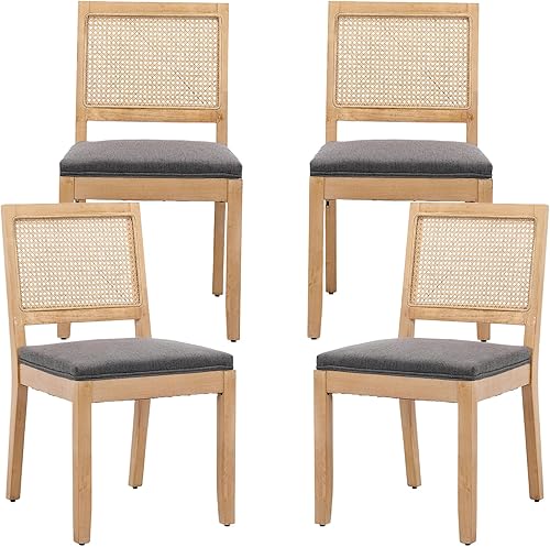 Juego de 4 sillas de comedor vintage de ratán francés, sillas decorativas con respaldo de ratán cuadrado con asiento tapizado y marco de madera