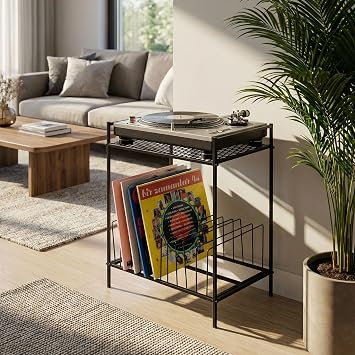 Grid 47x30x60cm Metal Plak ve Pikap Sehpası - 2 Katlı Düzenleyici Raflı Yan Sehpa (Siyah)