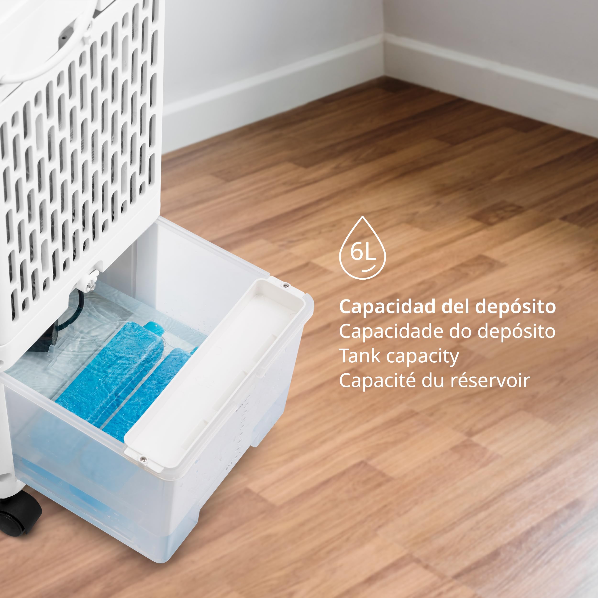 Ufesa Nuuk+ Raffrescatore Portatile Evaporativo 65W Funzione 3in1Raffreddamento Ventola e Ionizzazione 3Velocità 3Modalità Pannello a Sfioramento Serbatoio da 6L Timer12h Filtro Lavabile Telecomando
