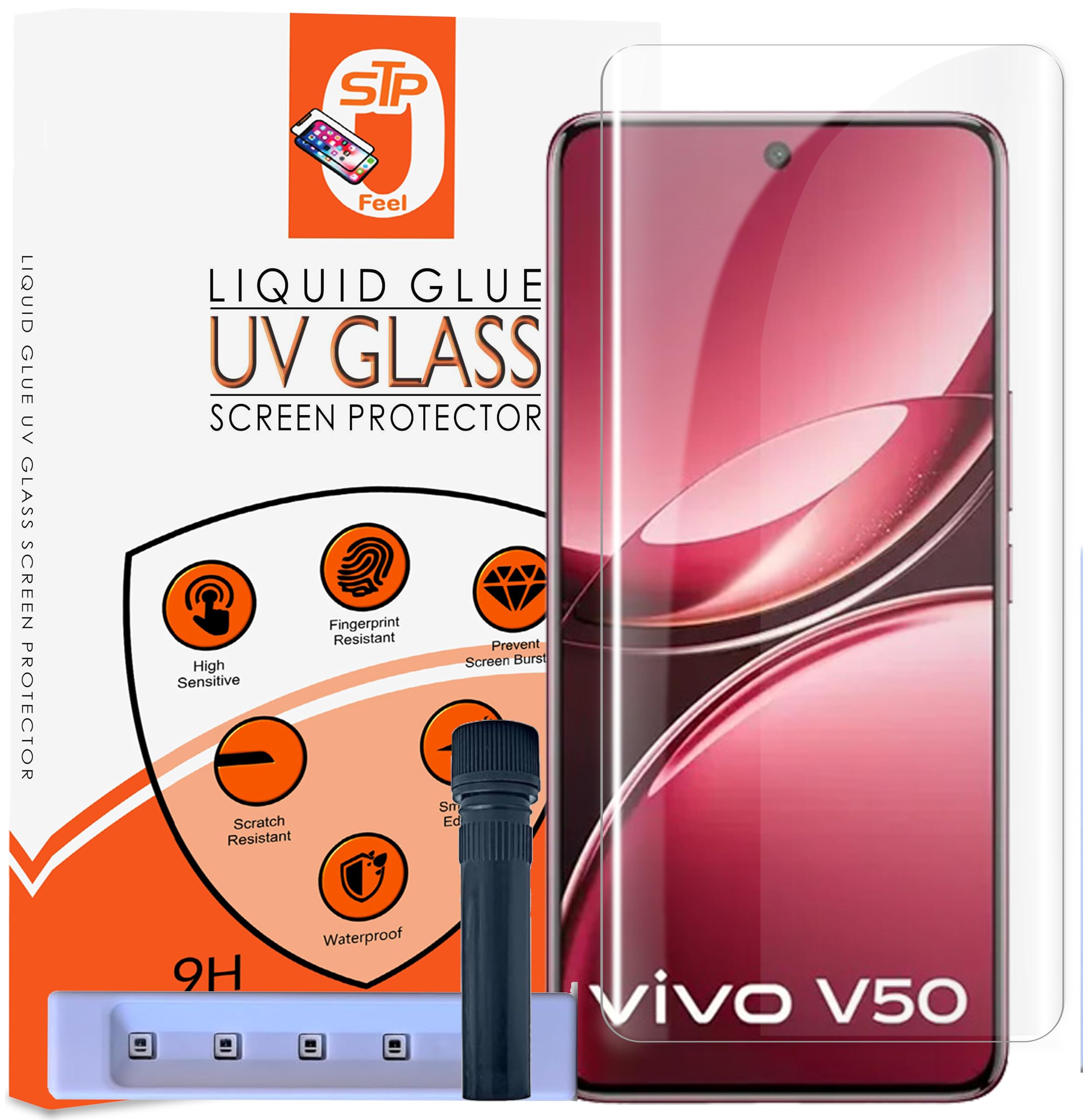 STP FEEL® HD+ UV Tempered Glass Screen Protector Guard Compatible For Vivo V50 5G (6.77 Inch, Pack of 1) Full Adhesive UV Curved Case Friendly HD Clarity with easy installation kit