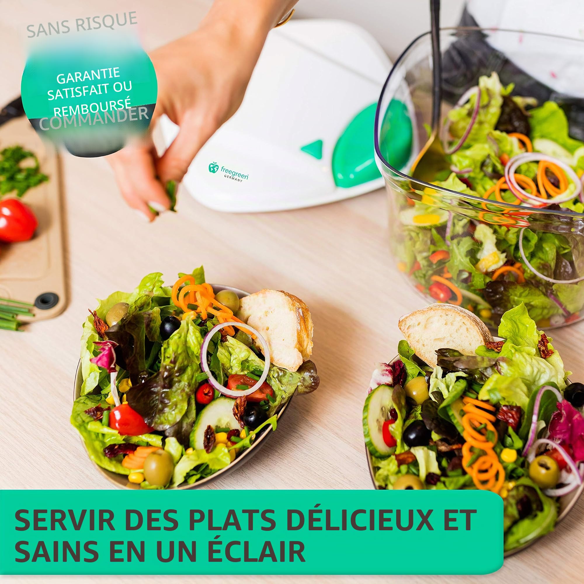 freegreen® Germany Essoreuse à salade [5L] avec mécanisme de traction breveté, passoire et couvercle avec bec verseur intégré I [recettes de salade] I Saladier pour servir avec style
