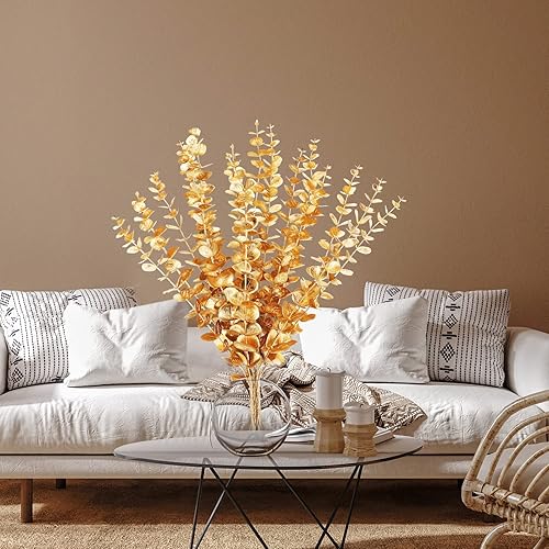 Miniatura 6 de Waydress 12 piezas de tallo de eucalipto dorado de 16 pulgadas en aerosol artificial de hojas falsas, decoración de otoño, arreglo floral sintético