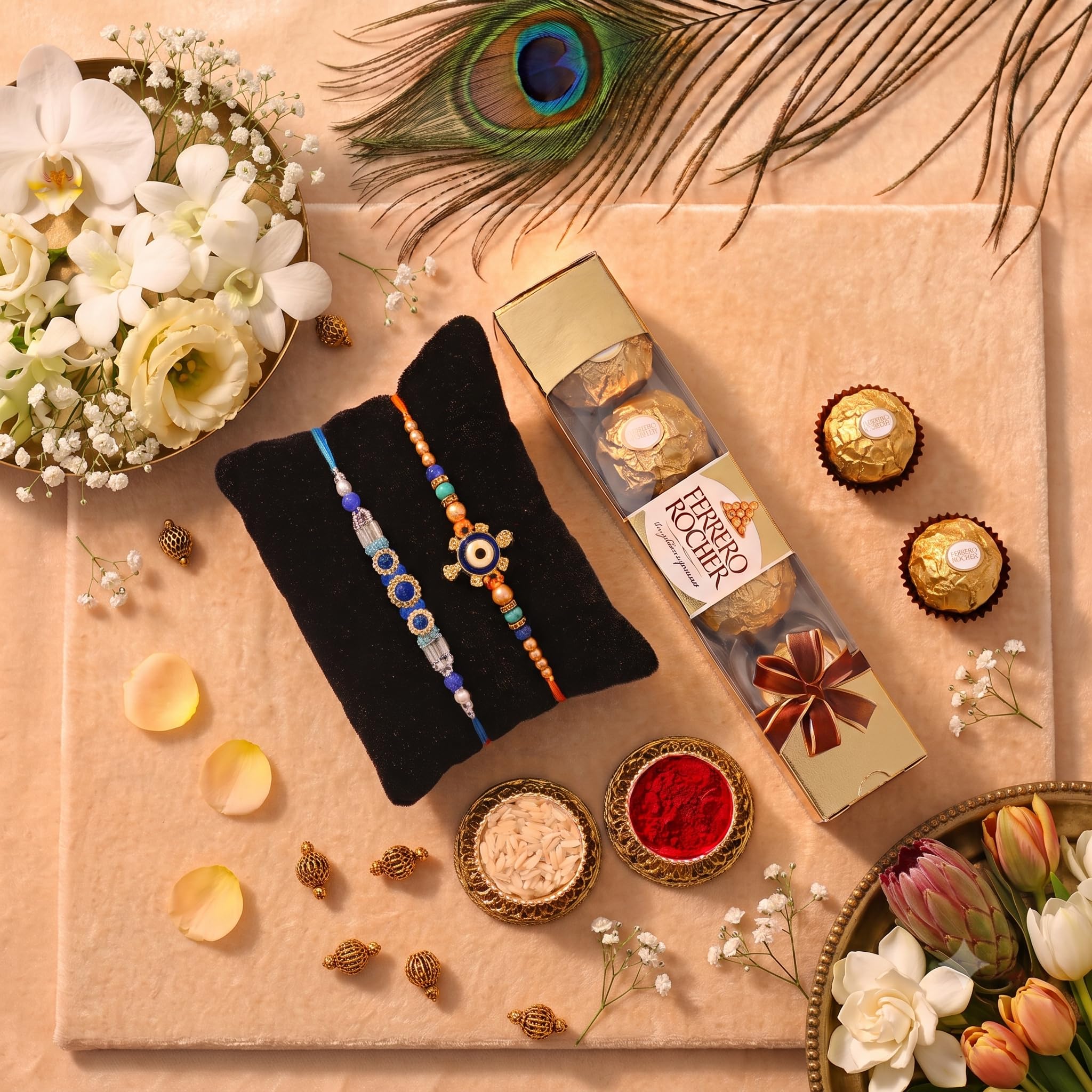 Rakshabandhan Rakhi Gift Hamper for Brother Bhai Bhabhi Kids with Ferrero Rocher Chocolates 2 Rakhi Set Combo, chocolates, Greeting Card, Tilak Pack-image-9