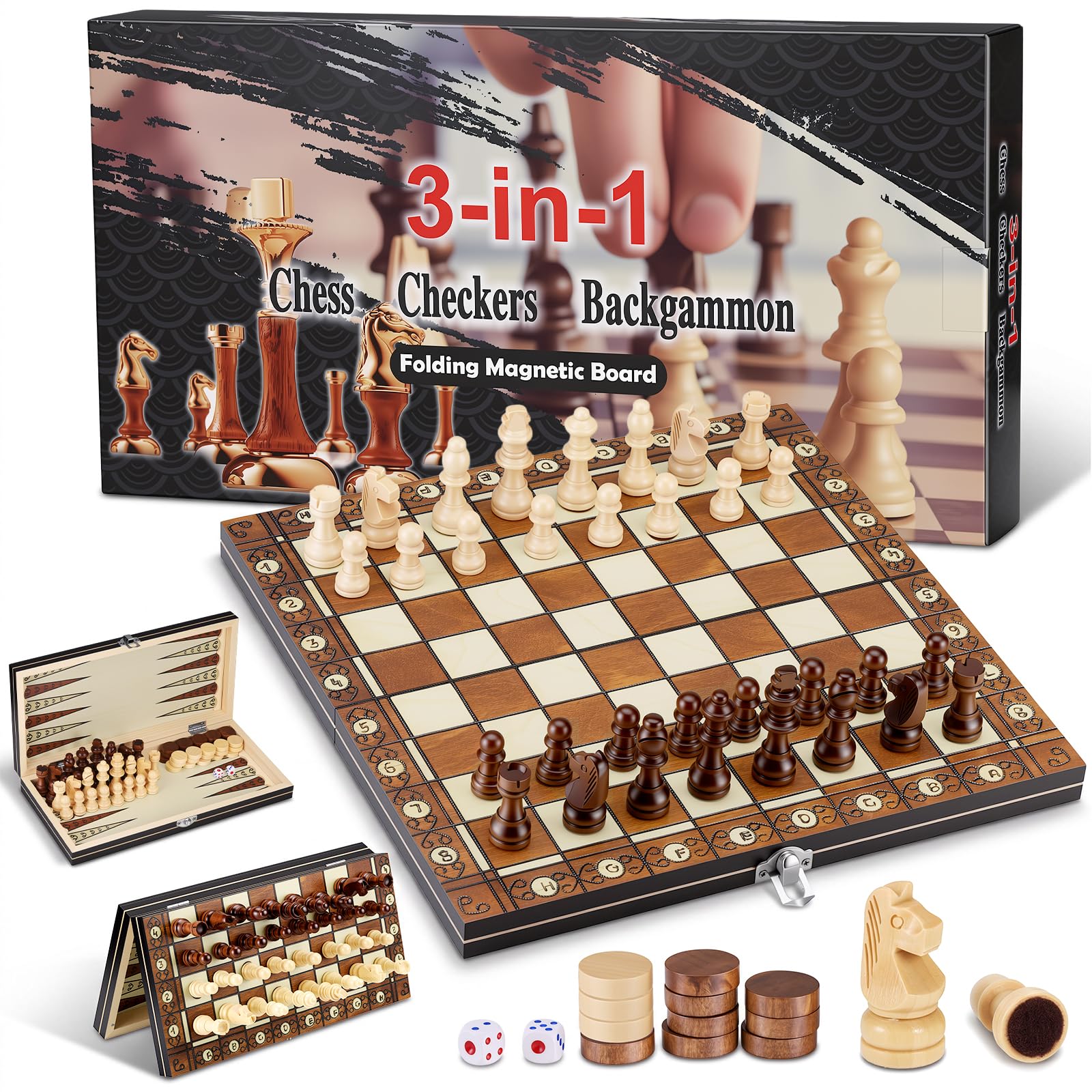 Magnetic Chess Set 3 in 1 Checkers Backgammon Wooden Chess Board 11.4''
