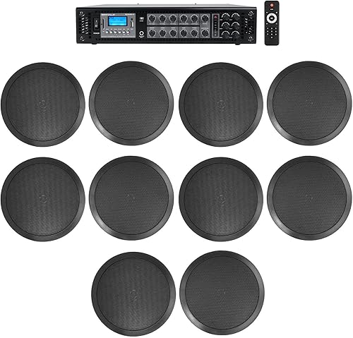 Rockville Amplificador de 6 zonas+(10) altavoces de techo negros de 2 vías de 8 "para restaurante