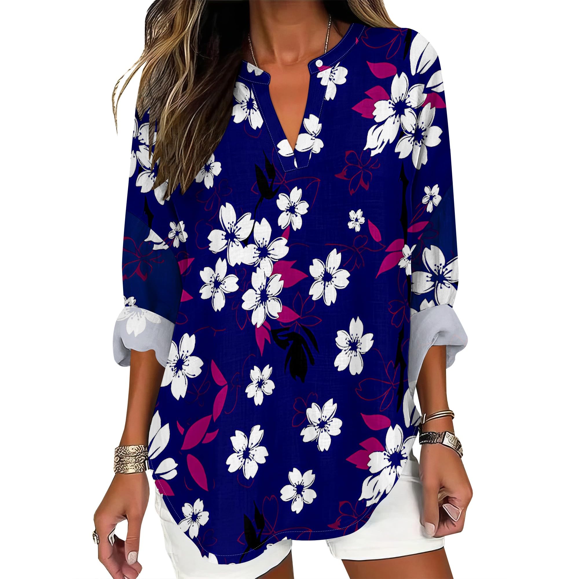 Womens V Neck Oversize Vintage Causal Pullover Japanese Art Style Shirt Roll Up Long Sleeve Novelty Graphic Tops