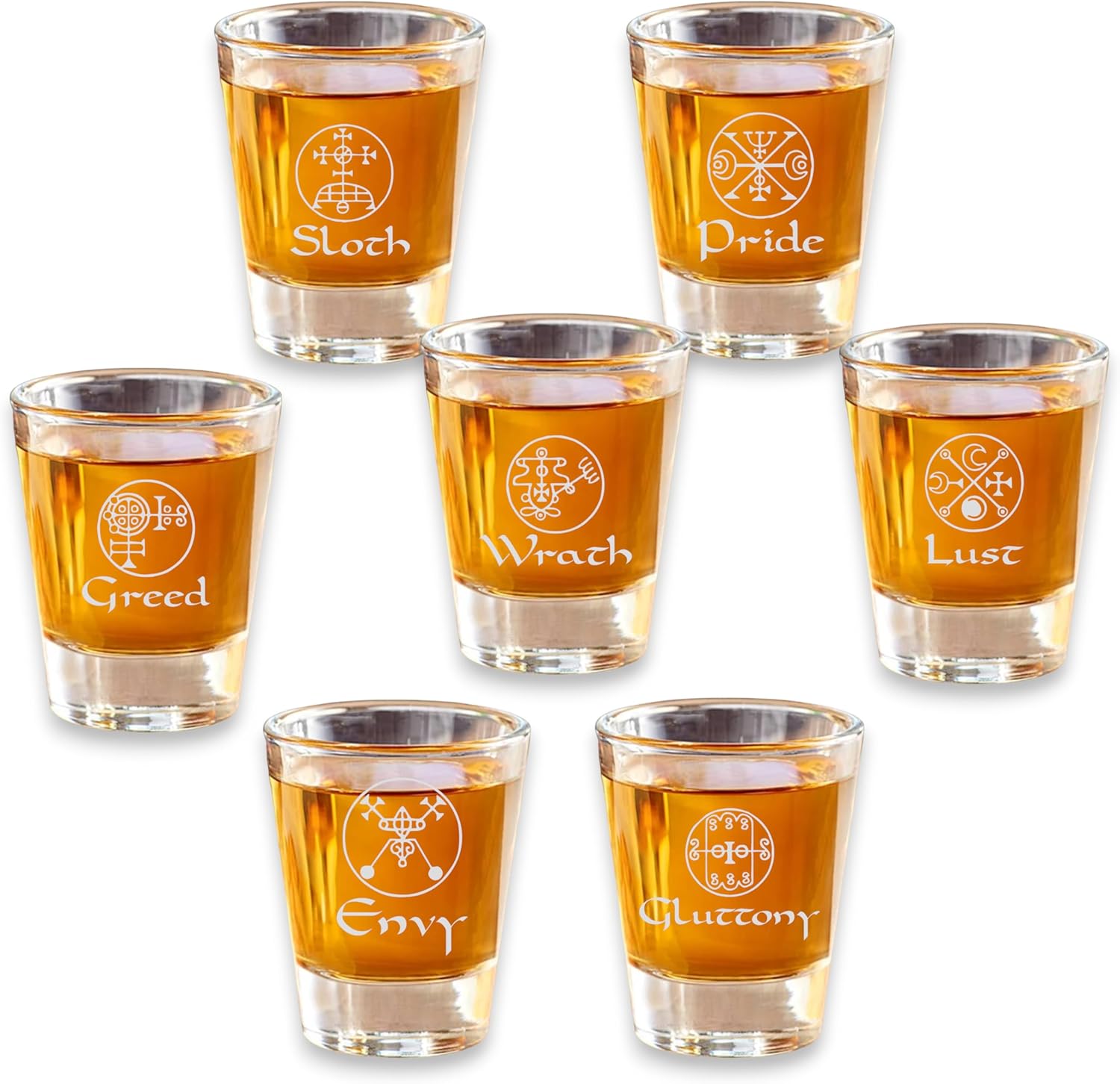 2oz Seven Deadly Sins Set of 7 Shot Glasses (qty 7 individual shot glasses)