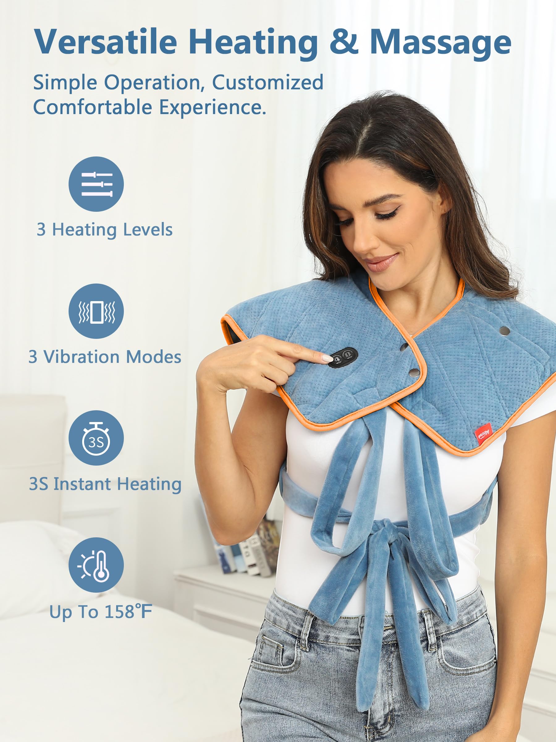 Almohadilla térmica para cuello, hombros y espalda con batería, almohadilla térmica inalámbrica de 12 V con masajeador de vibración y 3 modos de calefacción, almohadilla de calor eléctrica portátil