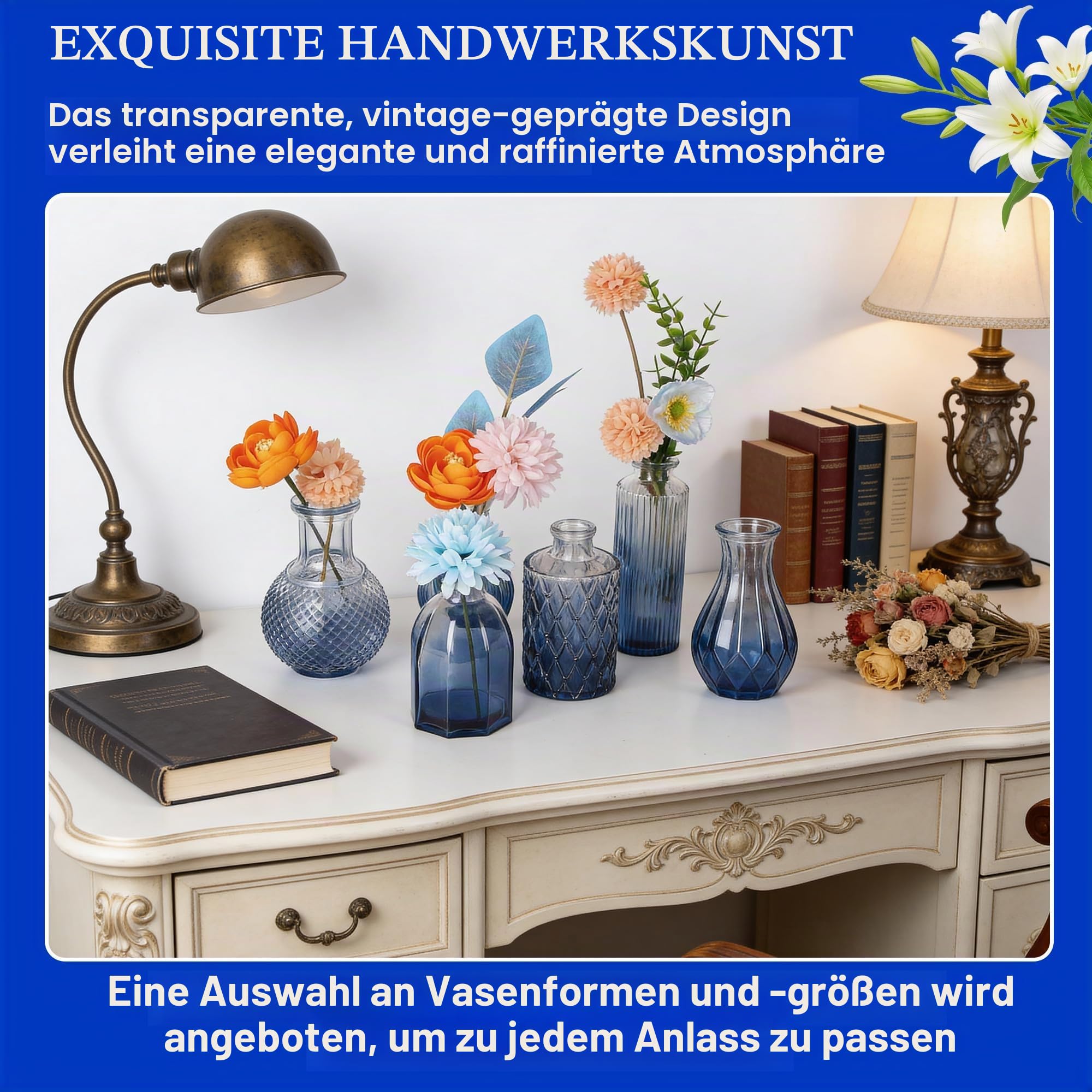Kleine Vasen für Tischdeko, Vintage Mini Blumenvasen, Glasvasen für Hochzeit, Babyparty, Wohnungsdeko, Kleine Dekovasen für Blumen Pflanzen oder Geschenk,Blau 24er Set
