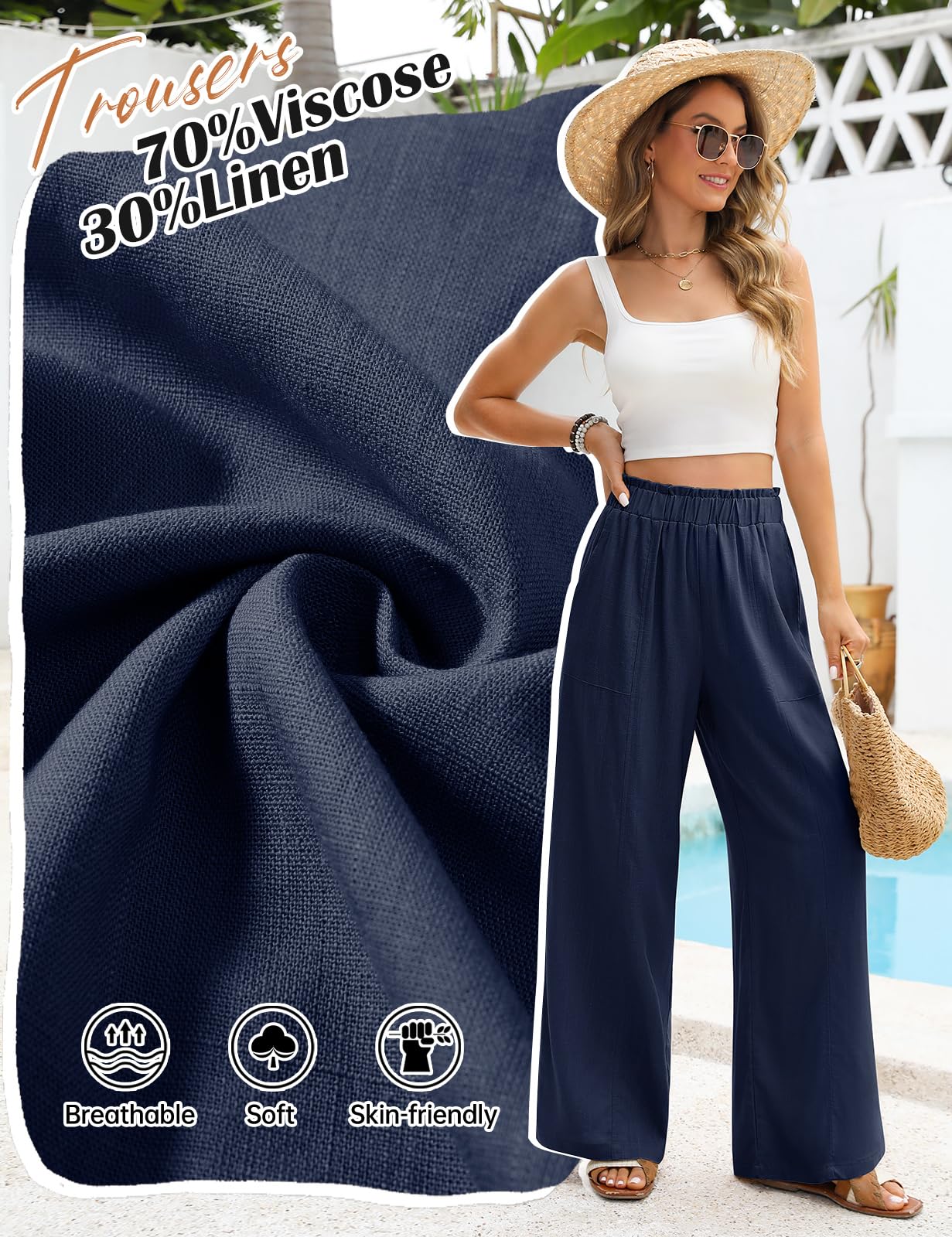 Niwicee Pantaloni Lino Donna Estivi Pantaloni Larghi Eleganti Pantaloni Vita Alta Elastico Pantaloni Leggeri Estivi Casual Solido Sciolto Gamba Dritta Pantaloni con Tasche