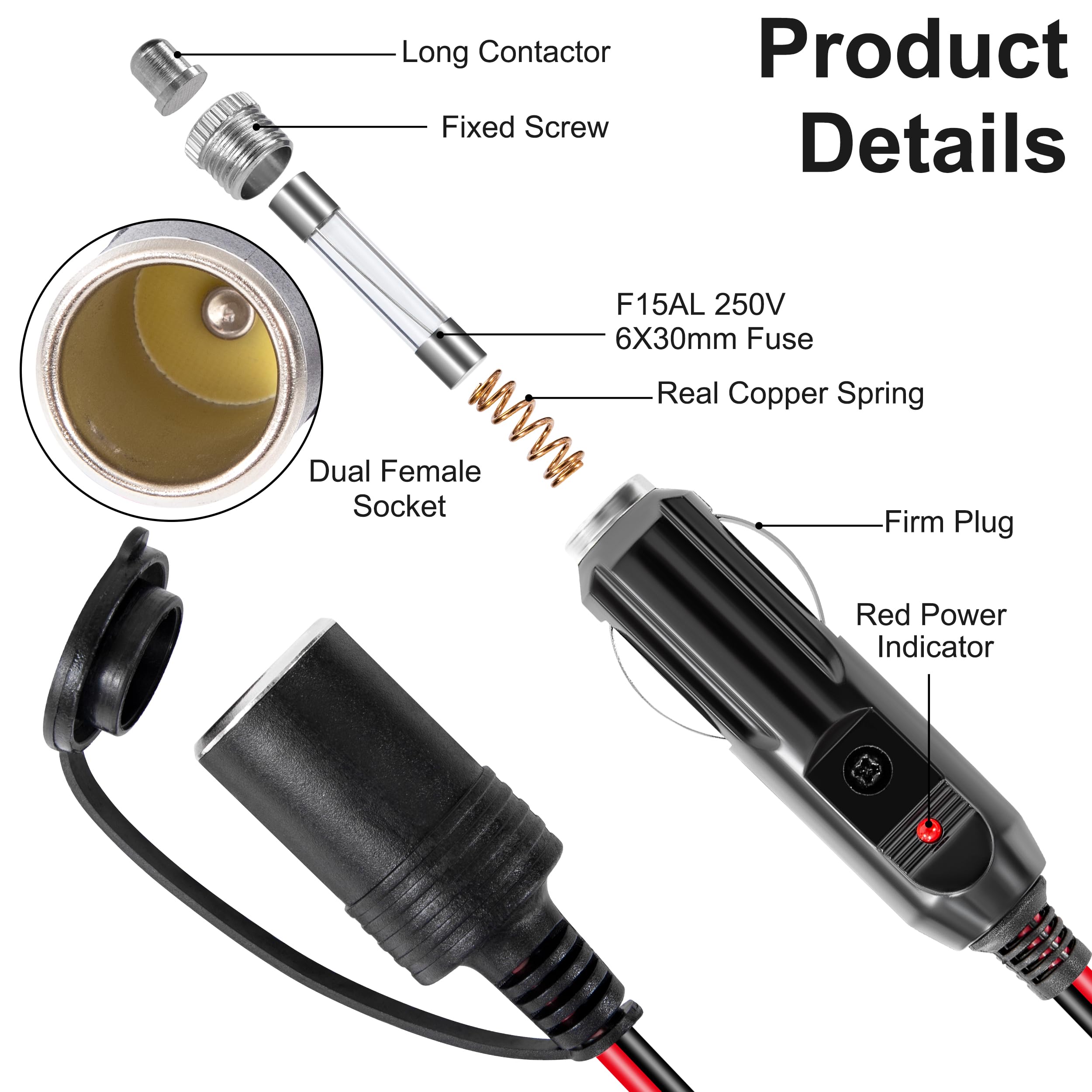 Rozdzielacz do zapalniczki samochodowej 12 V/24 V, adapter do gniazda zapalniczki samochodowej, wtyczka przedłużająca 25 cm, 16 AWG, 1 do 2 rozdzielaczy, gniazdo wtykowe z bezpiecznikiem 15 A