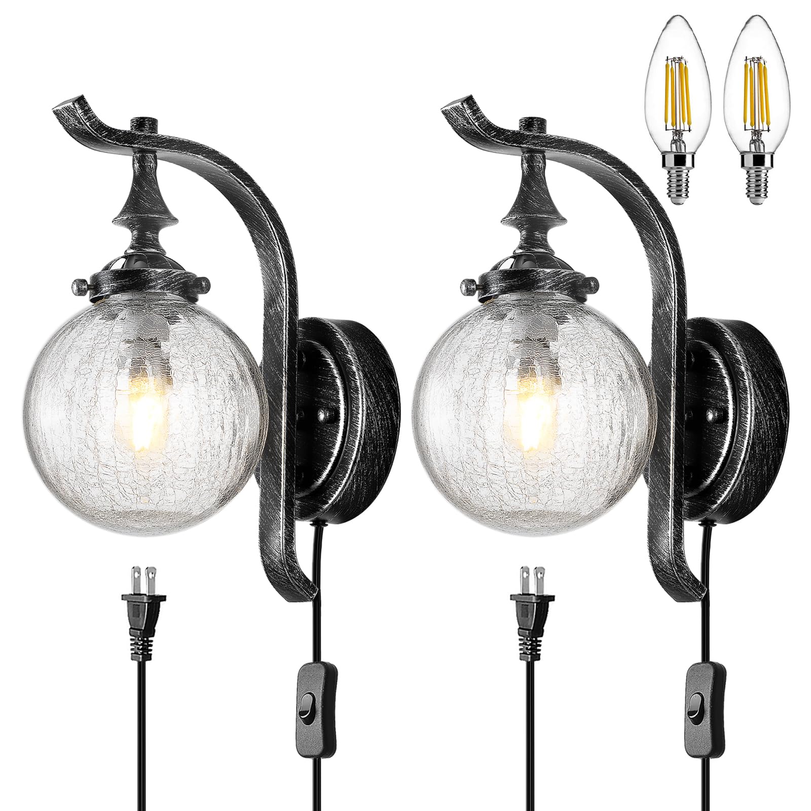 Globe Glass Wall Sconce Set of 2, Farmhouse Vintage Plug in Wall Light Fixtures Rustic Industrial Wall Lights for Bedroom Bathroom Hallway