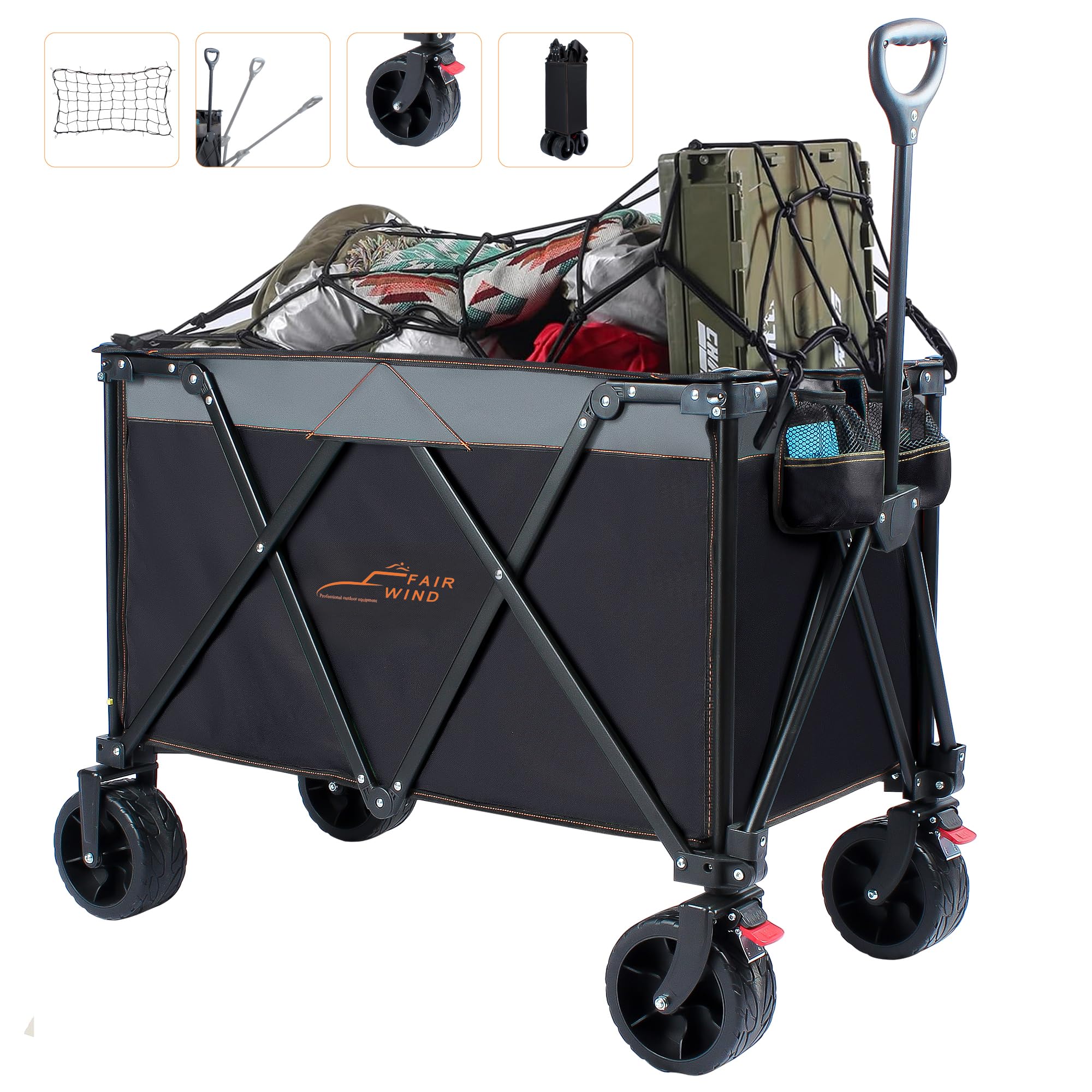 Collapsible Foldable Wagon, 400Lbs Weight Capacity, 280L Capacity with Big All-Terrain Wheels, 9.8 CFT Capacity Extended Height Wagon with Cargo Net for Camping Sports Shopping, Black