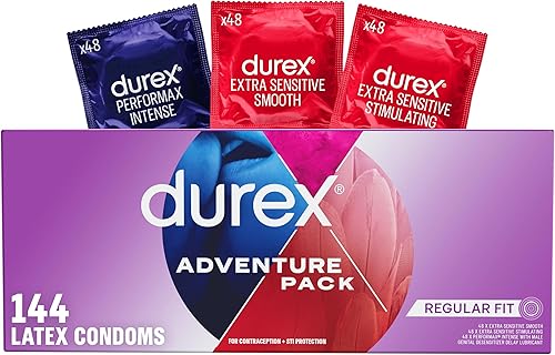 Durex - Paquete Adventure de condones, lisos y estriados, a granel, preservativos de látex de ajuste regular (Durex Extra Sensitive Smooth,