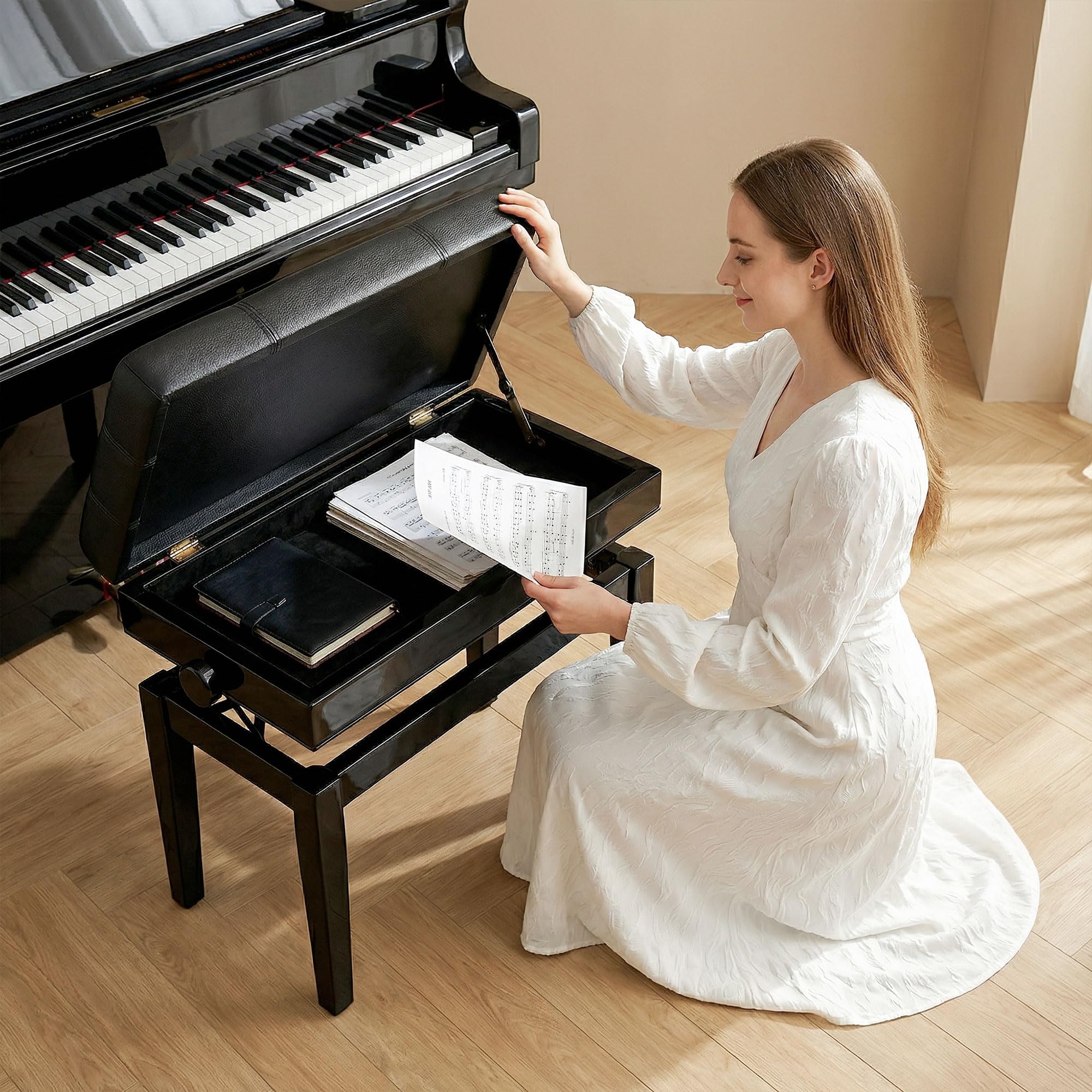 HOMCOM Sgabello per Pianoforte con Altezza Regolabile e Vano Contenitore, Panca per Pianoforte in Legno e Finta Pelle PU, 63x35x46-56cm, Nero