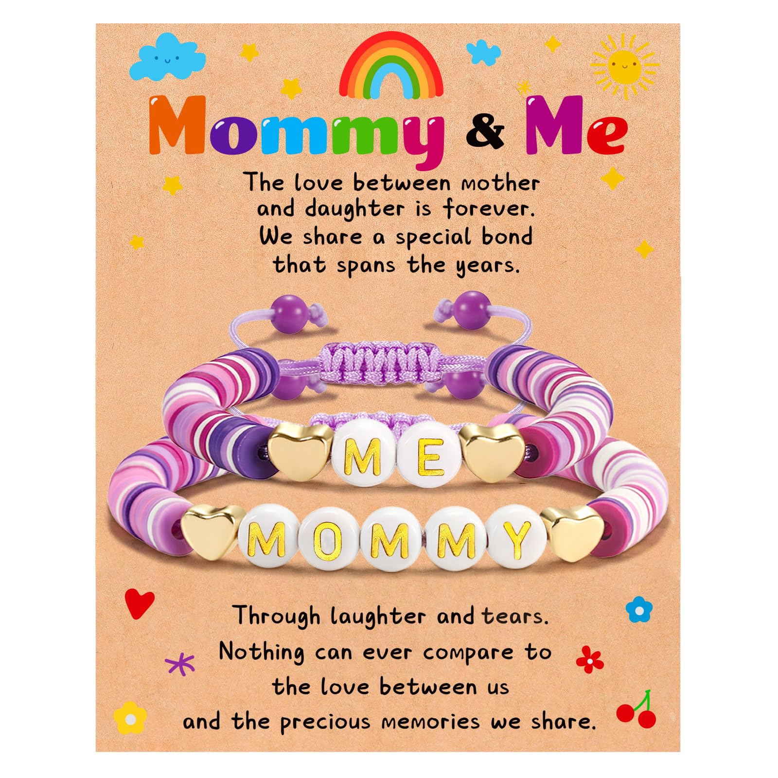 GLITTO Mom Daughter Gifts, 2ps Matching Beaded Heart Bracelets Jewelry for Mother Daughter/Mommy and Me/Mama Mini