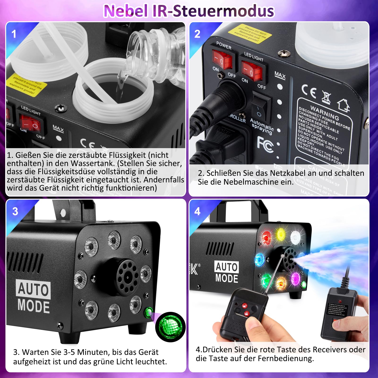 Nebelmaschine, AGPtEK Nebel Maschine mit kabelloser Fernbedienung UND LED Licht, Stabil & Tragbar, Passend für Halloween, Weihnachten, Hochzeitsfeiern & Bühnenauftritte usw