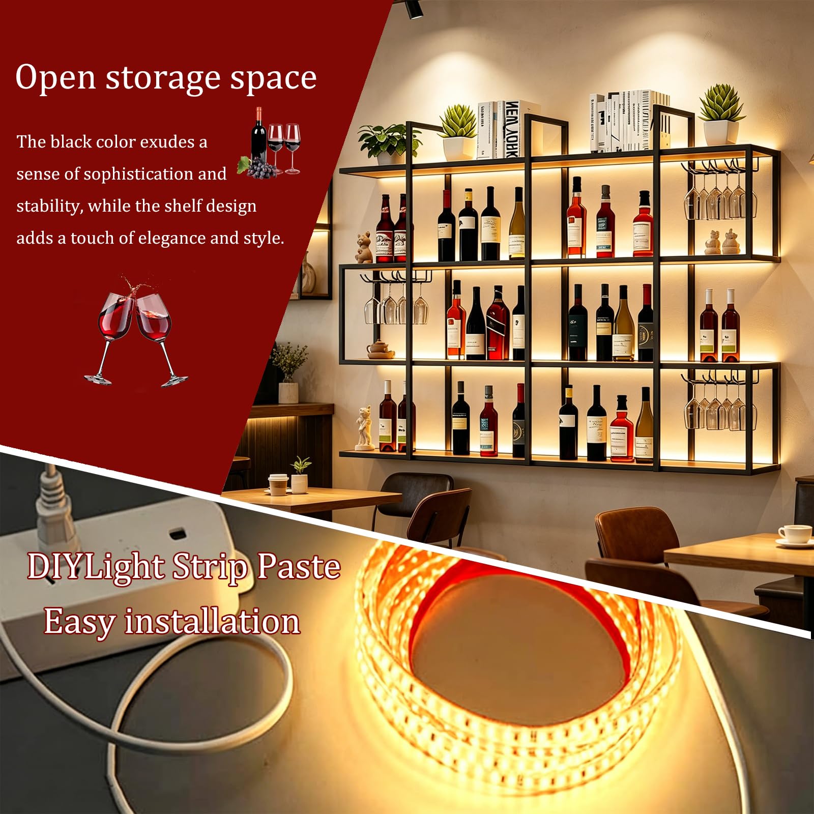 180cm Scaffale per vino a 4 livelli da parete con luci LED, mensola industriale per bottiglie di liquori, ripiani metallici per bar con portabicchieri, decorazione murale per sala da pranzo