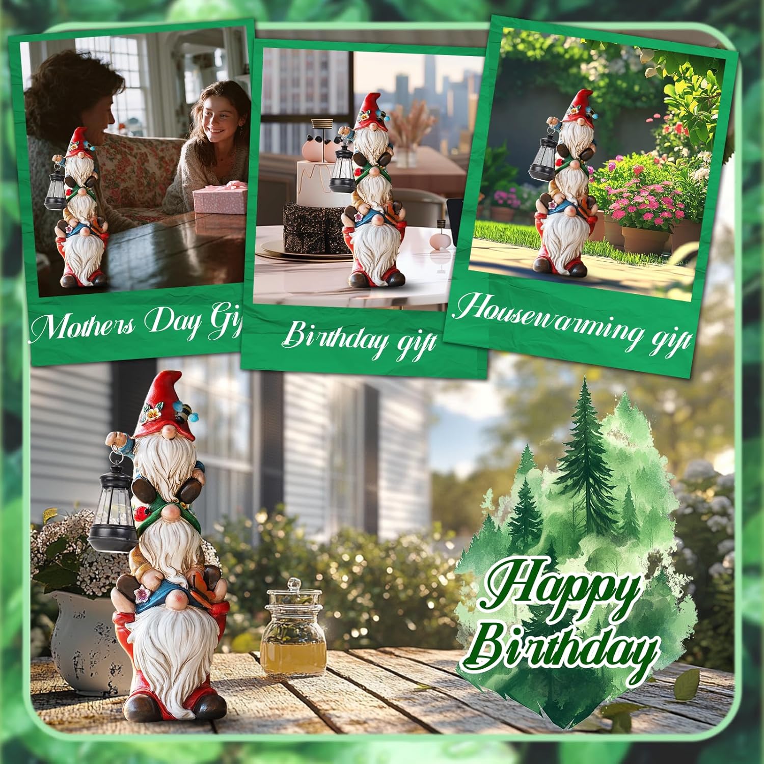 Garden Gnome Statue with Solar Lights Garden Sculptures Funny Triple Gnome Outdoor Patio Lawn Yard Balcony Home Decor Birthday Gift for Woman Grandma 12 in Spring Gnomes - Image 2