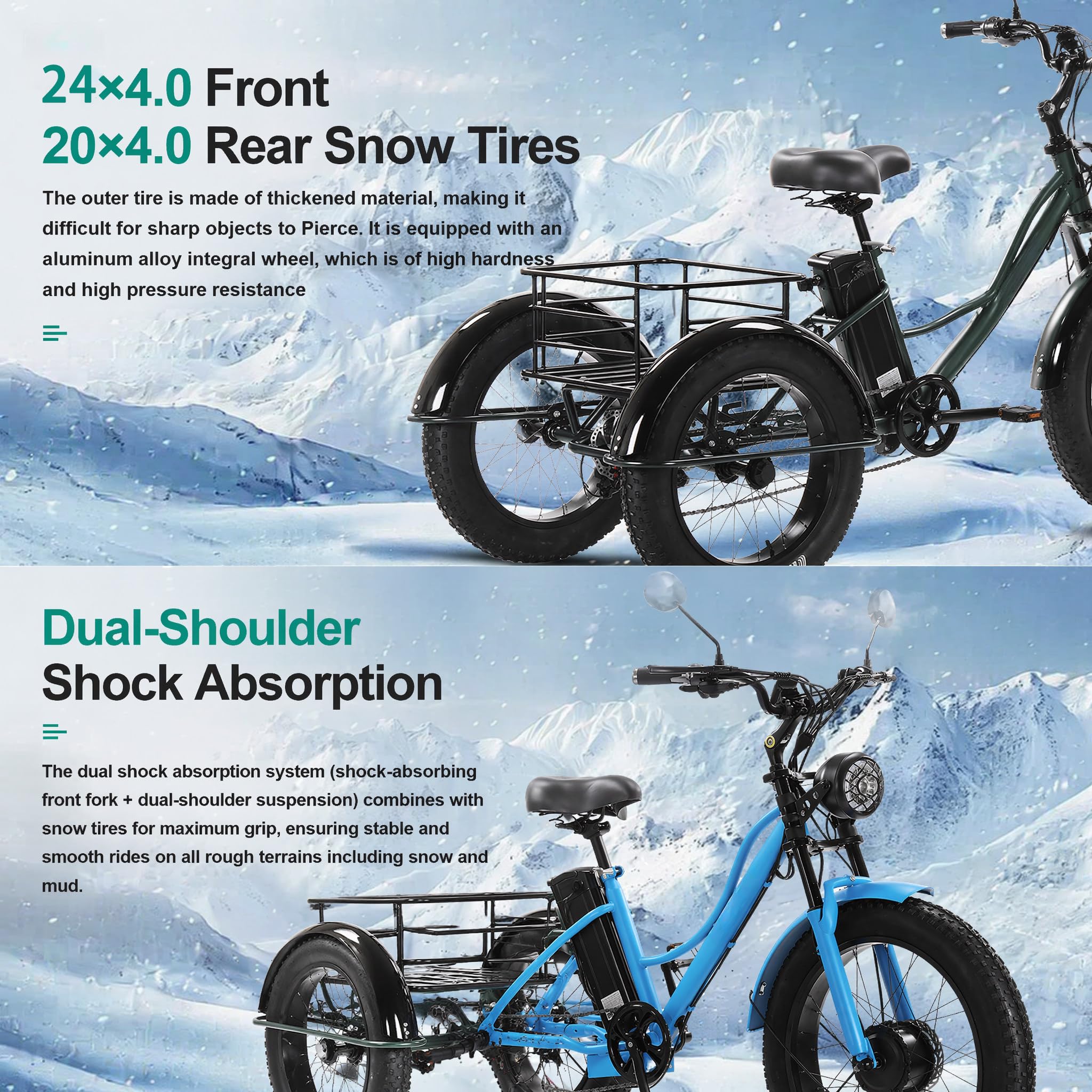 Vélo Électrique Tricycle Adulte, 24 Pouces Fat Bike, 7 Vitesses avec Panier Arrière, Moteur sans Balais, Grand Cadre Stable pour Déplacements Achats et Sorties en Plein Air Black