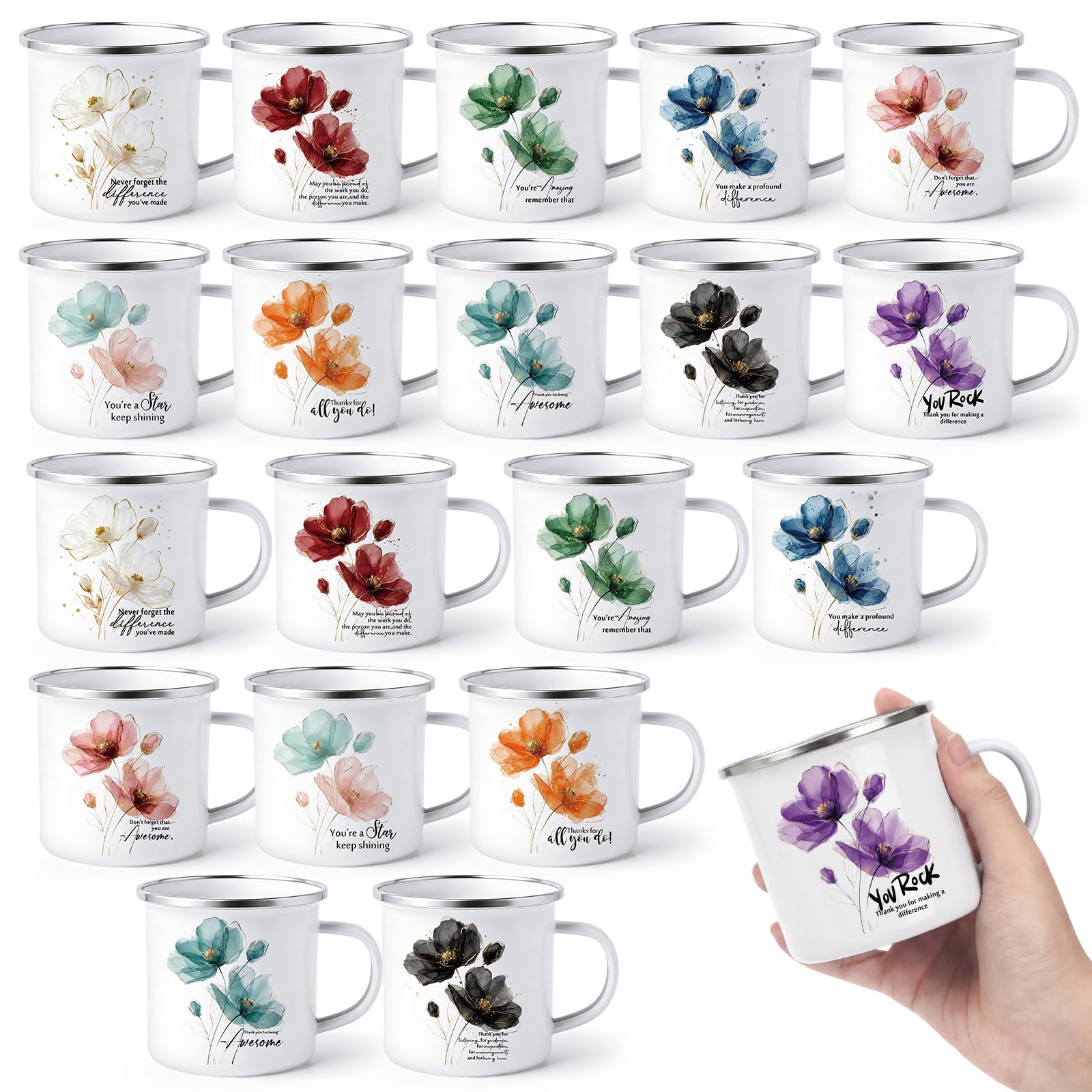 Norme 20 Pcs Thank You Gifts Mugs Employee Appreciation Gifts Bulk 12 oz Inspirational Enamel Coffee Cups Watercolor Floral Graduation Nurse Teacher Week Gift for Coworker Team Staff Teacher Nurse