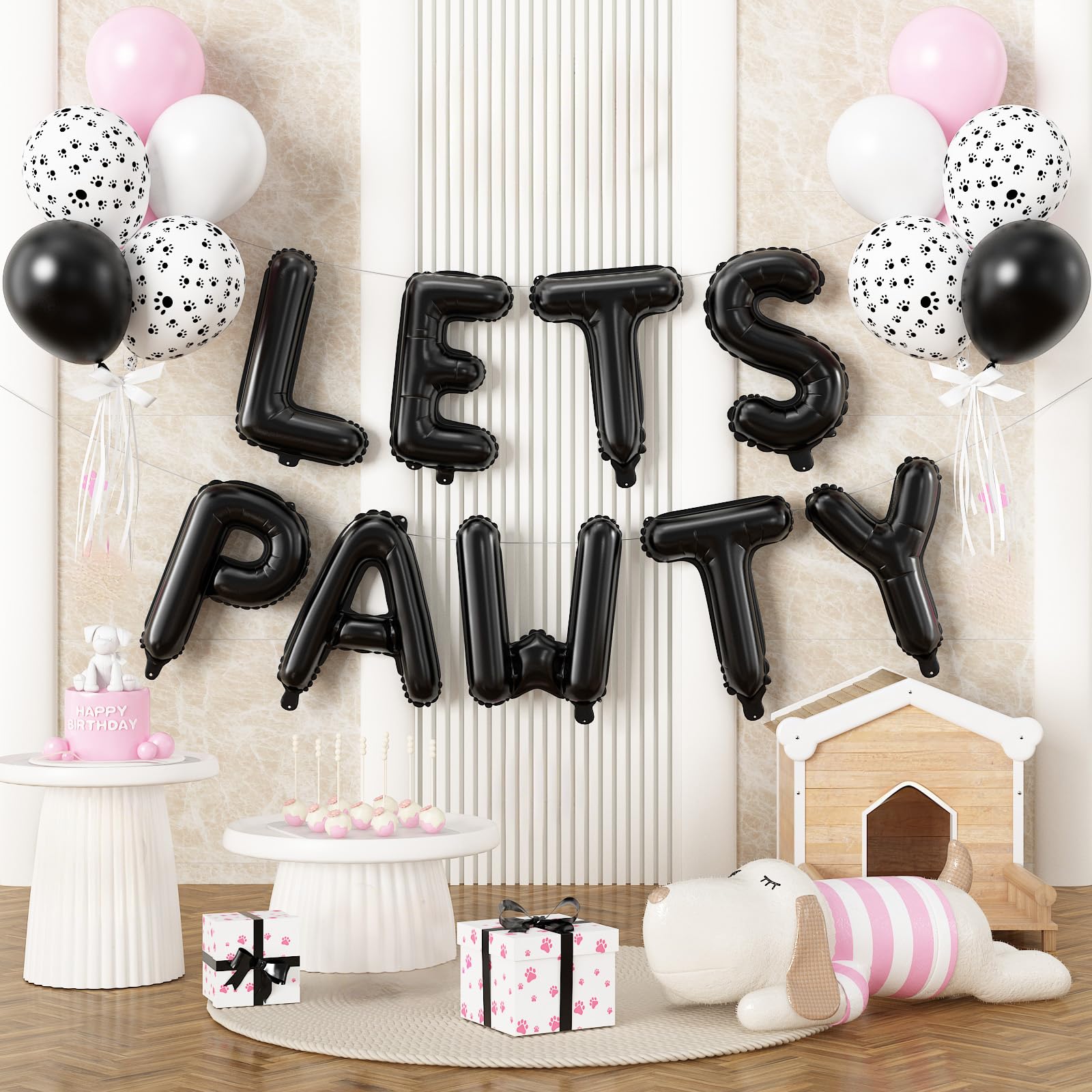 Paready Dog Birthday Balloons, 19 Pcs 16 Inch Black Lets Pawty Birthday Decorations Balloon Banner, Black Pink White Balloon Print Balloons Helium for