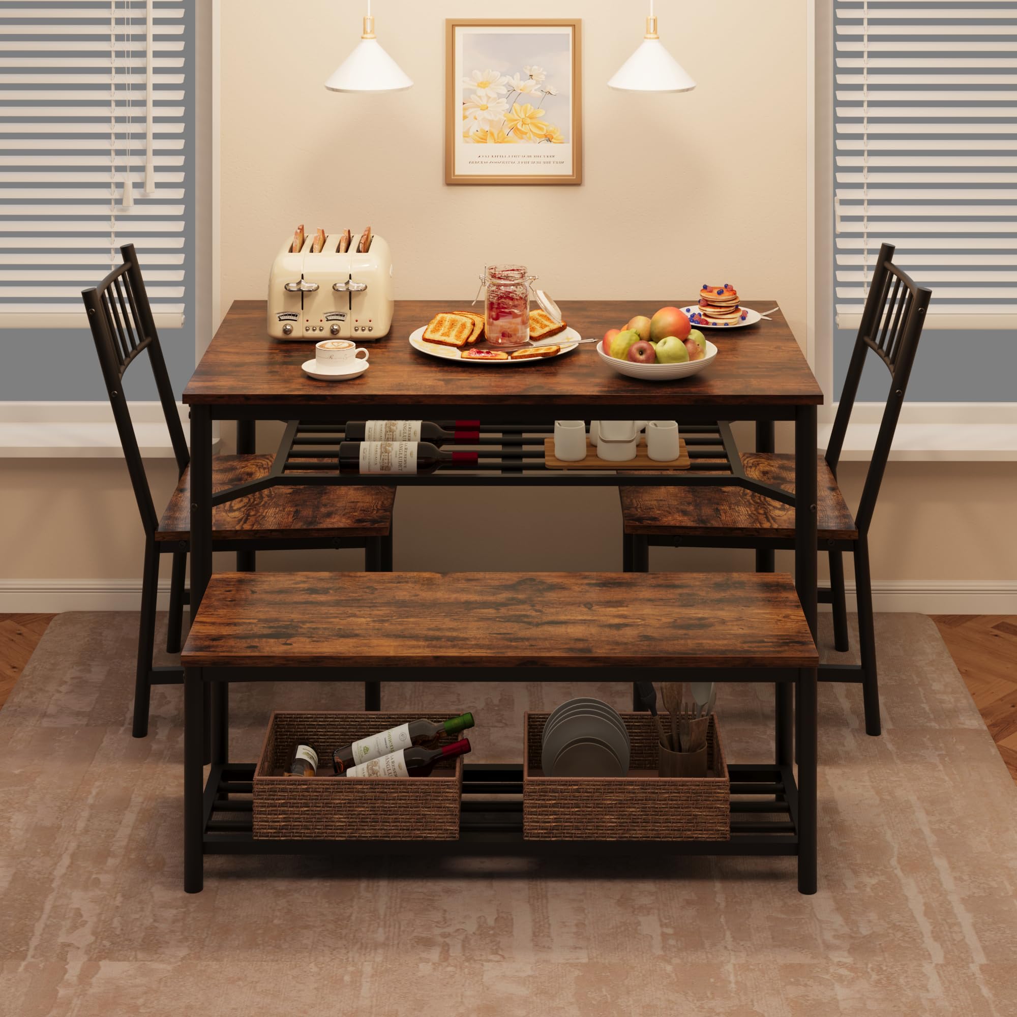 Garvee dining table set with bench and chairs featuring storage shelves
