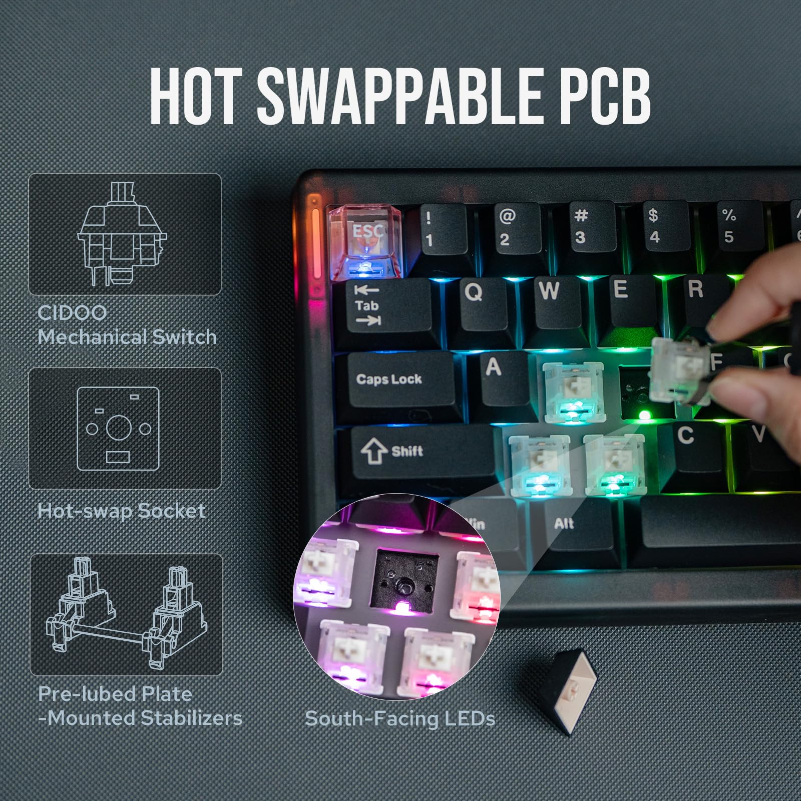 MechLands CIDOO QK61 V2 Via - Teclado programable 60% para Juegos, Teclado Personalizado Intercambiable en Caliente, Teclado mecánico con Placa de PC, RGB, batería de 3000 mAh para Win/Mac (Negro)