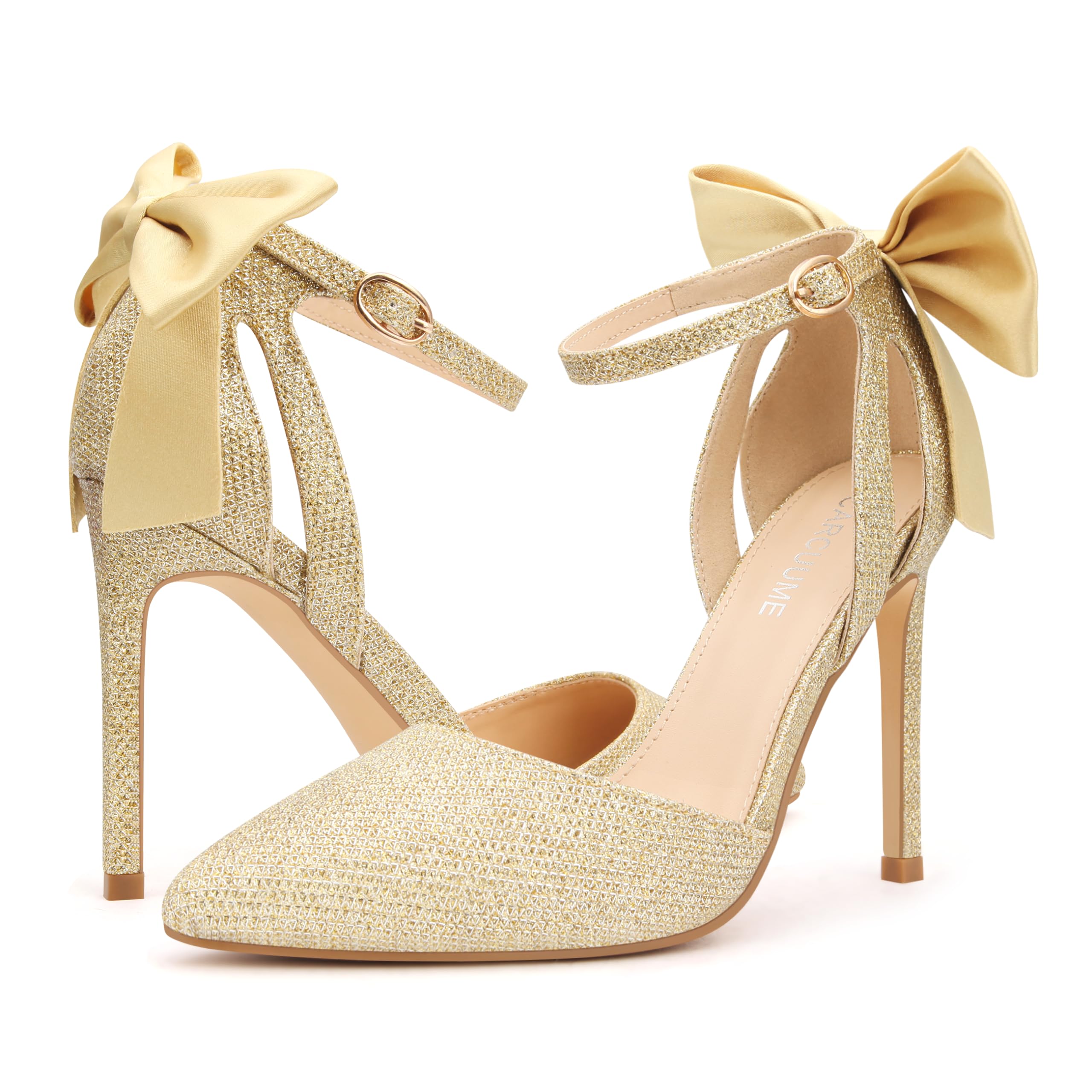 Carcuume Women's Closed Toe Heels Bow Stiletto Heel Sandals Pointed Toe Pumps Wedding Shoes: 9 Gold Glitter