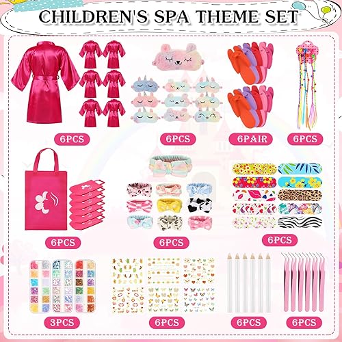 Miniatura 2 de Suhine 75 piezas de suministros de fiesta de spa para niñas, fiesta de pijamas, regalos de niña, incluye 6 batas de satén, 6 bolsas de mano, 6