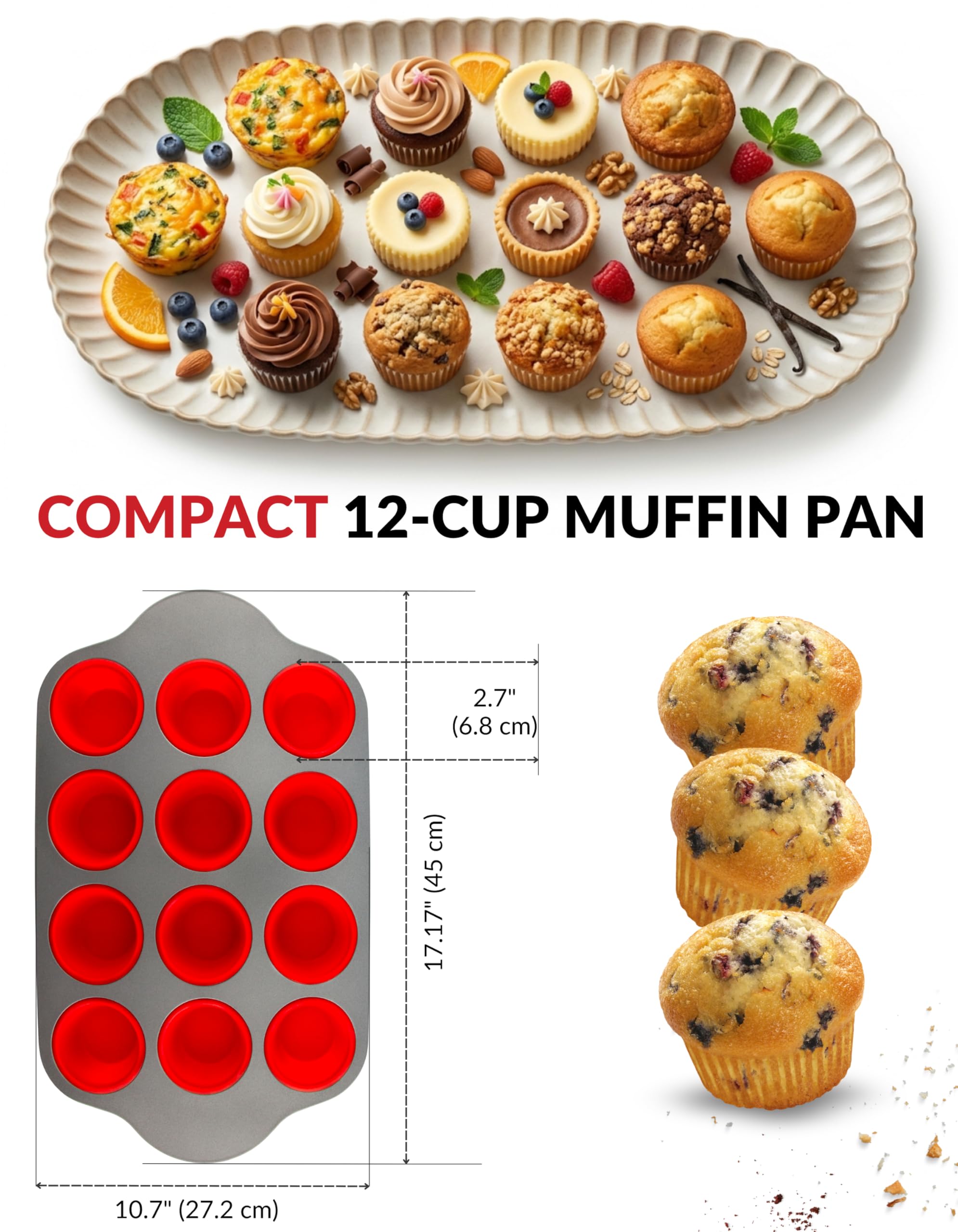 Antihaft-Silikon-Muffinform für 12 Muffins mit Stahlrahmen, BPA-frei, ungiftig, Cupcake-Form mit leicht zu lösender strukturierter Oberfläche, ergonomische Griffe, ofen-, gefrier- und