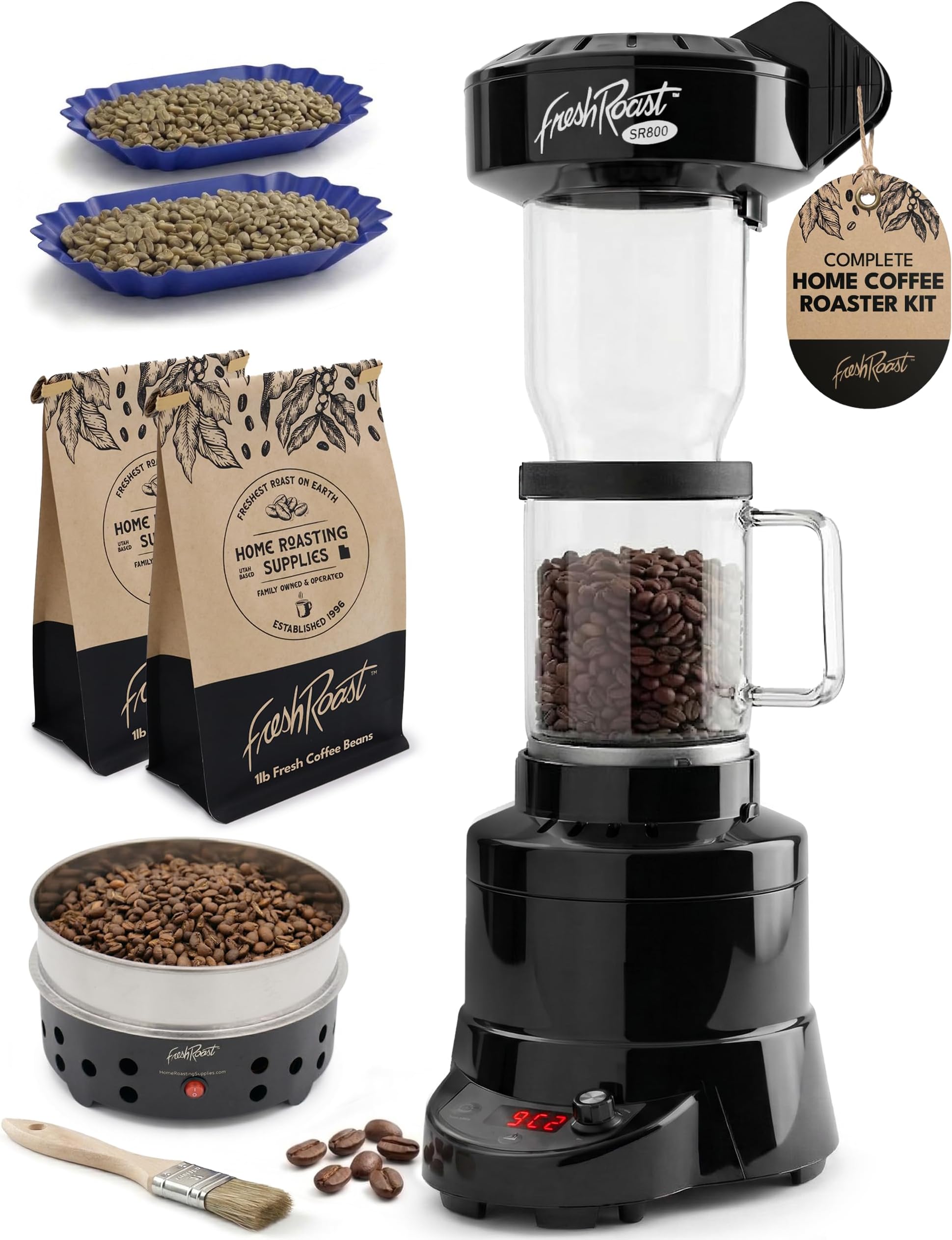 Fresh Roast SR800 Coffee Roaster Bundle – Home Coffee Roasting Machine with Glass Extension Tube, Bean Cooler & Green Coffee Samples