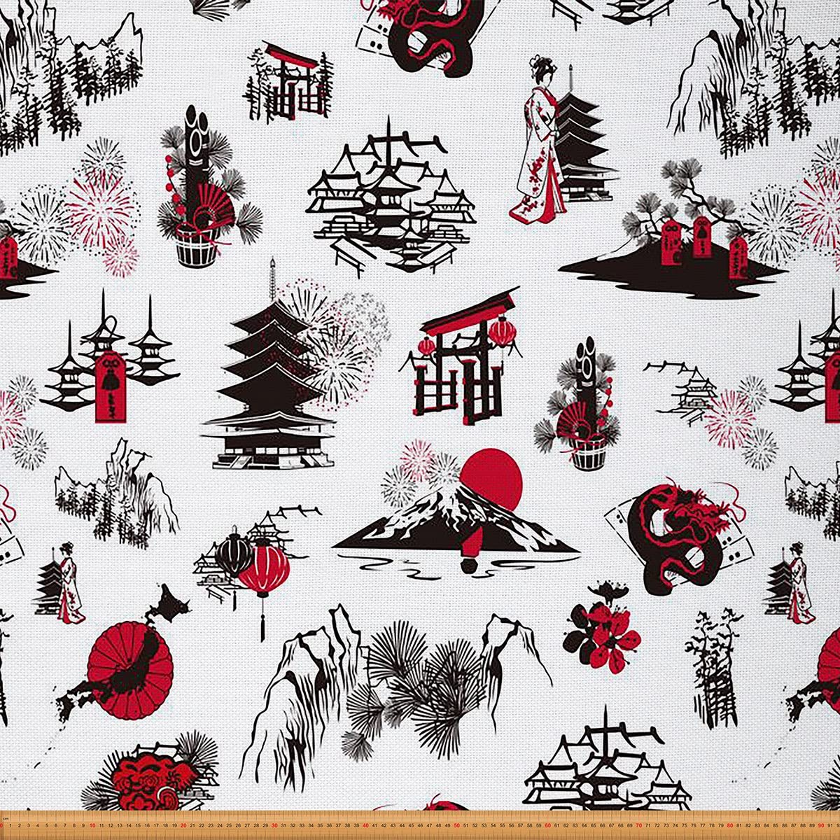 Homewish Girls Multi 51 Japanese Fabric By The Yard, Japanese Ukiyoe Upholstery Fabric, Mount Fuji Decorative Fabric, Traditional Japanese Geisha Style Oriental Red Sun Dragons Waterproof Fabric, 1 Yard