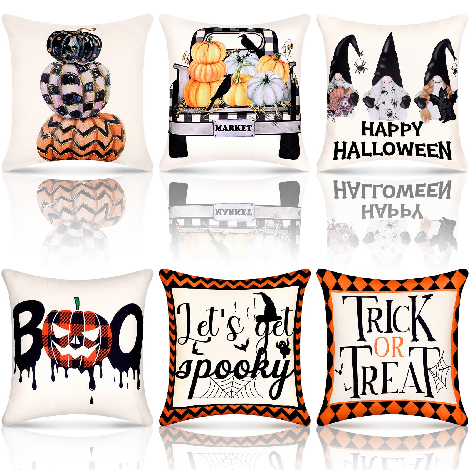 6 Pieces Halloween Pillow Covers 18 x 18 Inch Halloween Throw Pillow Covers Trick or Treat Pumpkin Cute Pillow Cases Truck Boo Gnome Square Pillow Cushion Case for Fall Farmhouse Home Decorations
