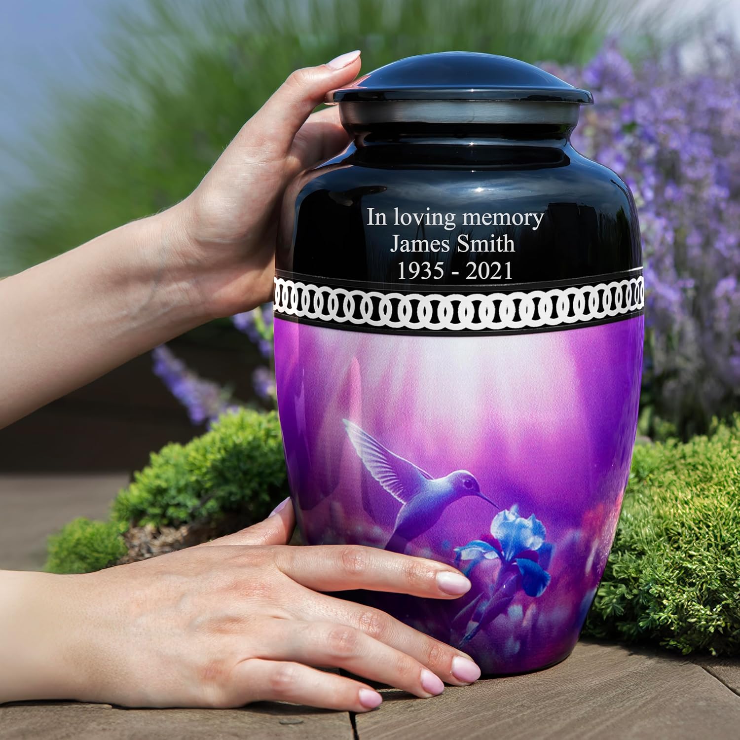 Hummingbird Cremation Urn for Human Ashes – Black Personalized Memorial with Name & Dates, Adult Funeral Tribute with Velvet Bag, Made in USA (Large)