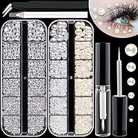 Vista 7 de Kit de diamantes de imitación y perlas con parte trasera plana, cristal redondo AB y gemas blancas transparentes+perlas blancas y beige