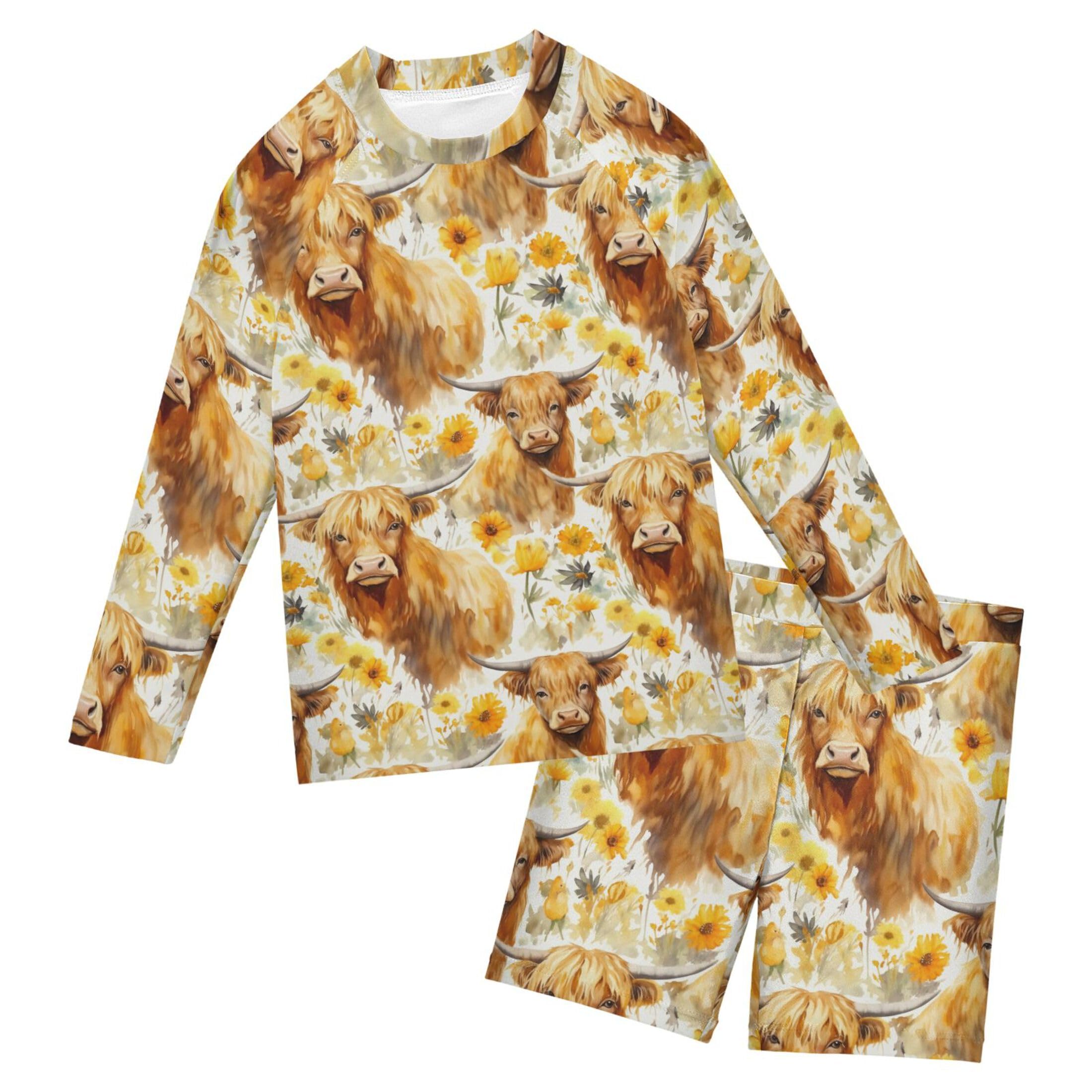 Highland Cow Sunflower Animal Toddlers and Baby Boys' Swimsuit Trunk and Rashguard Set B0403261