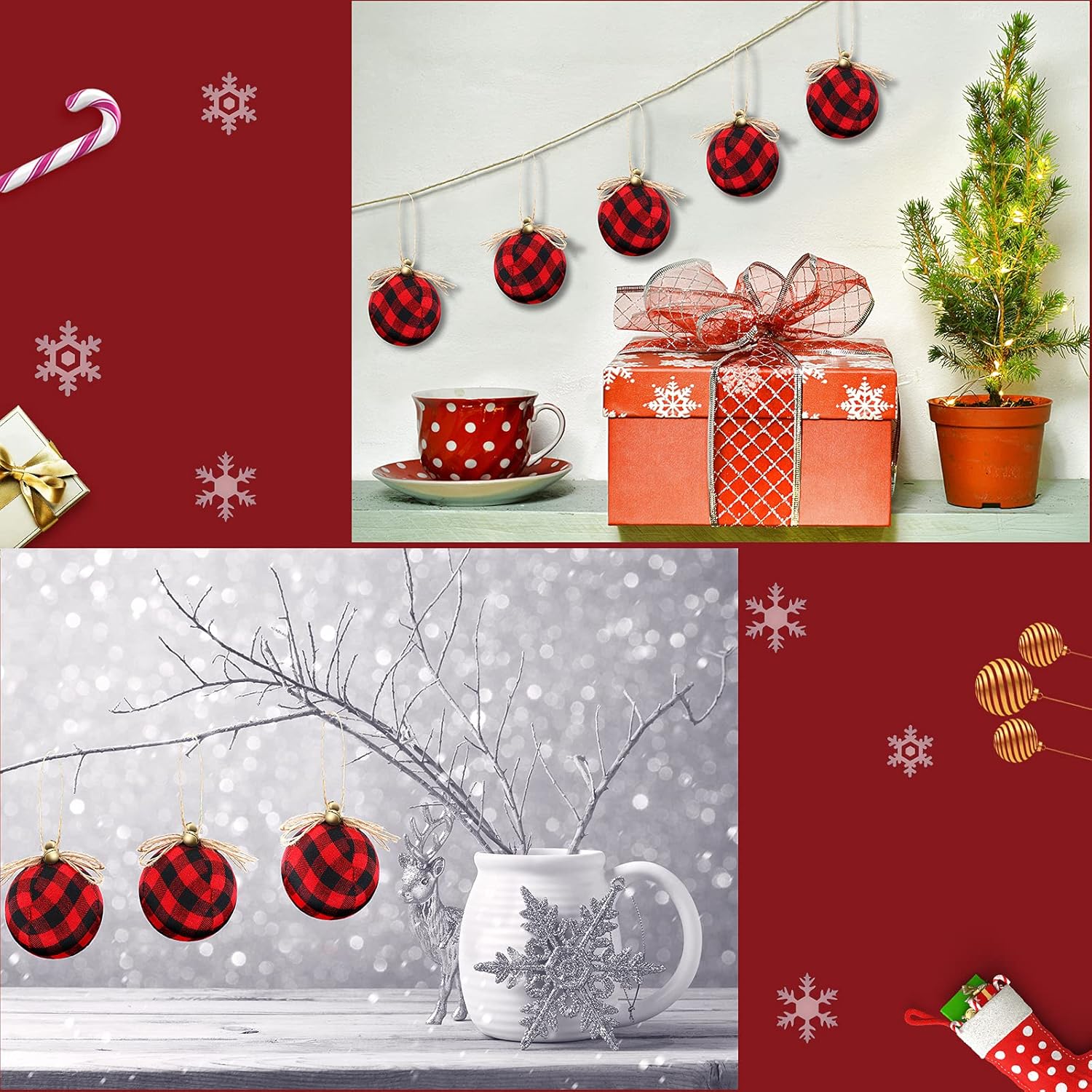 16 Pieces Christmas Ball Ornaments Buffalo Plaid Tree Hanging Decorations Xmas Rustic Decorative Ball Ornaments Christmas Tree Decorations with Bell for Xmas Party Supplies