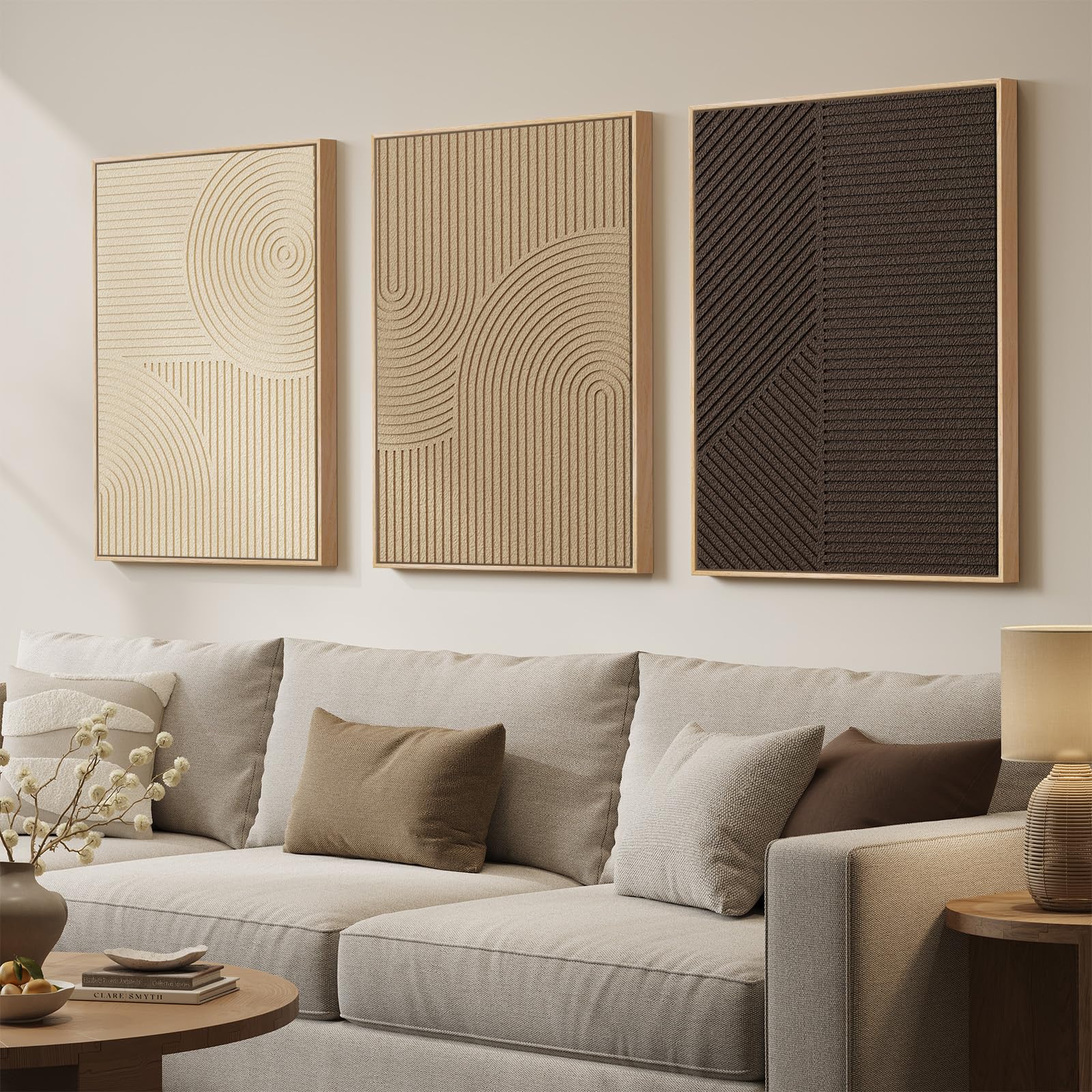 Large 3D Textured Framed Abstract Wall Art for Living Room, 3 Piece Modern Paintings Artwork for Walls, Black White Brown Geometric Sandstone Texture Pictures for Hallway Office Home Decor 24x36 In — view 21