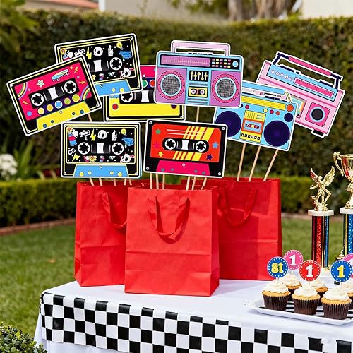 Miniatura 5 de 22 piezas de decoraciones de fiesta de los años 80, decoraciones retro de los años 80, cinta de cassette boom, centro de mesa, palillos de radio,