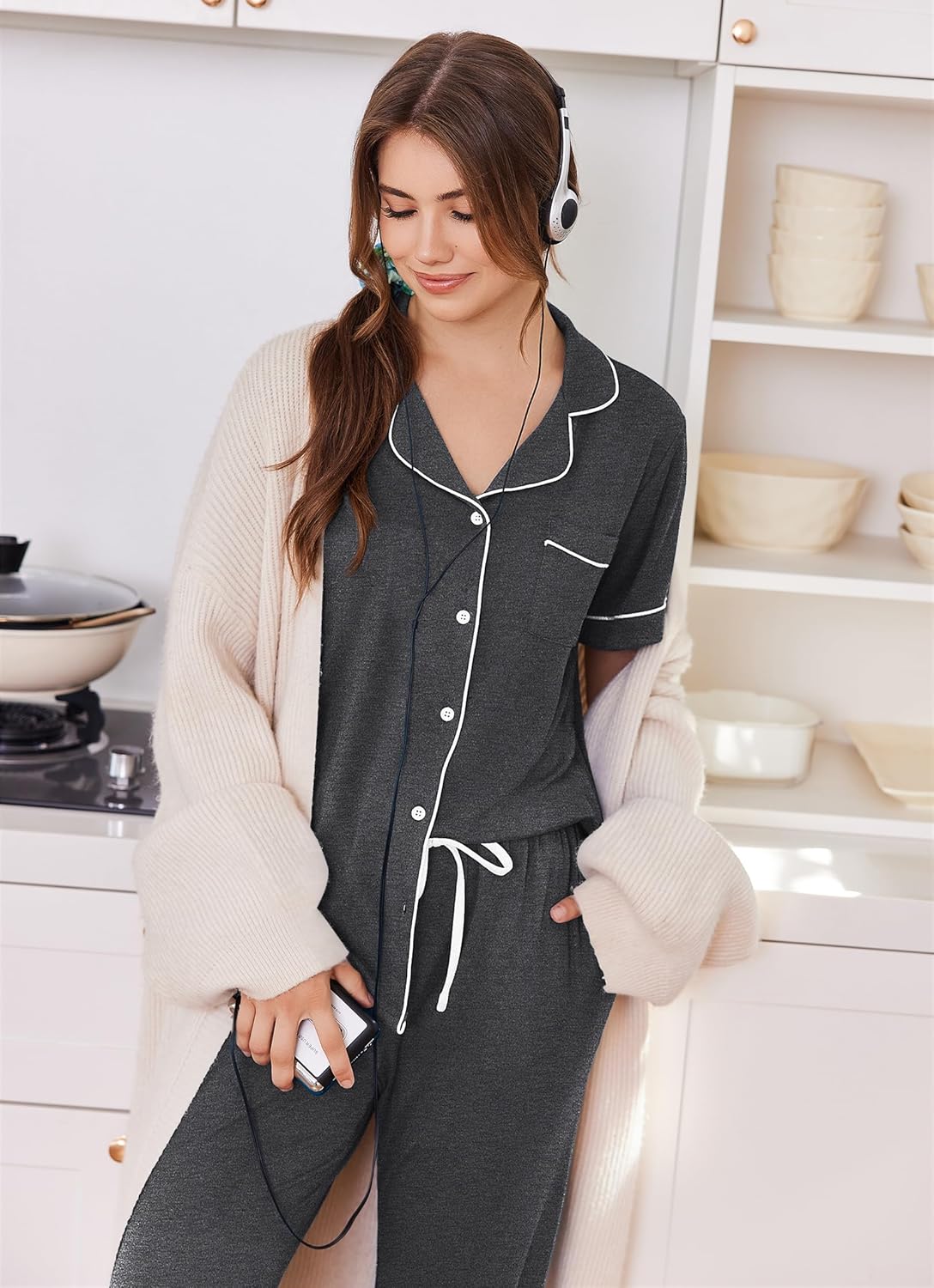 Ekouaer Women Pajama Set Short Sleeve Button Down Pjs Soft Comfy Sleepwear Nightwear with Jogger Pants - Image 3