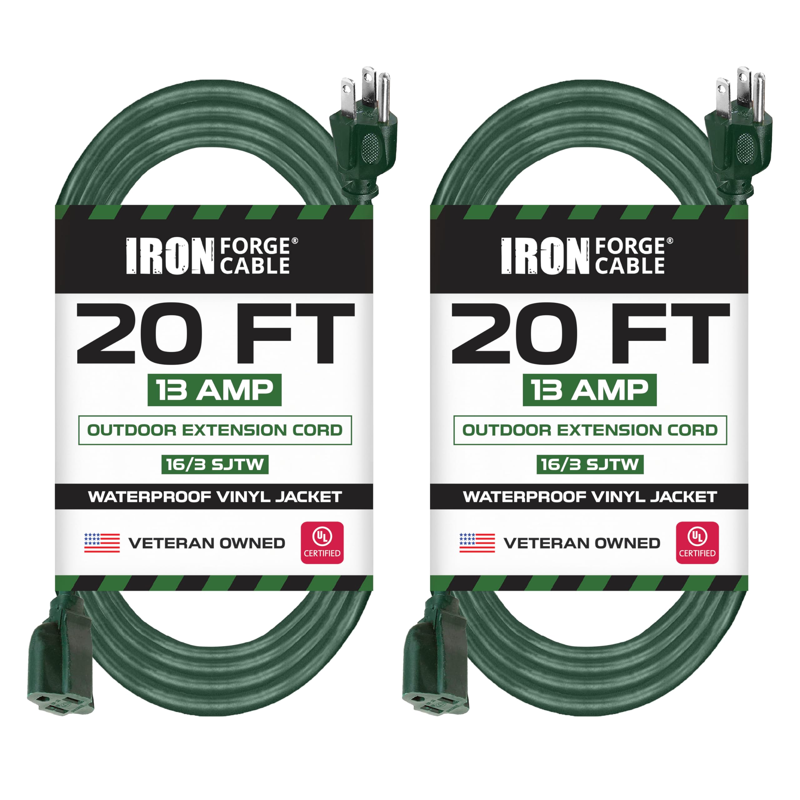 Iron Forge 2 Pack de 20 pies al aire libre extensión Cord, 16/3 sjtw verde extensión cable al aire libre con 3 clavijas, cable de extensión impermeable para jardinería, jardines, luces al aire libre