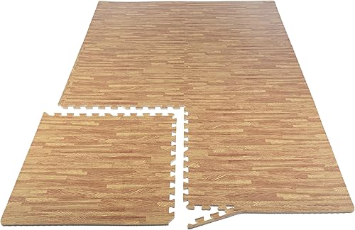 Stalwart - Azulejos de espuma de grano de madera entrelazados de 24 pies cuadrados con borde, tapete de juego suave para sala de juegos o gimnasio